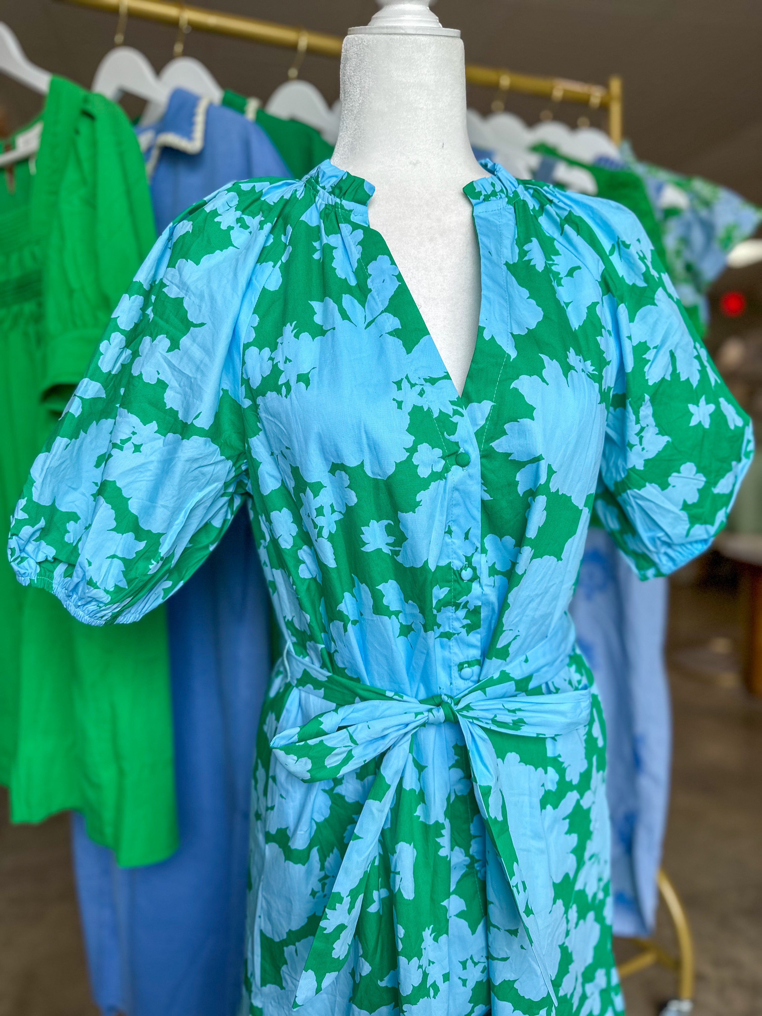 Blue & Green Riona Floral Wynette Tiered Midi Dress