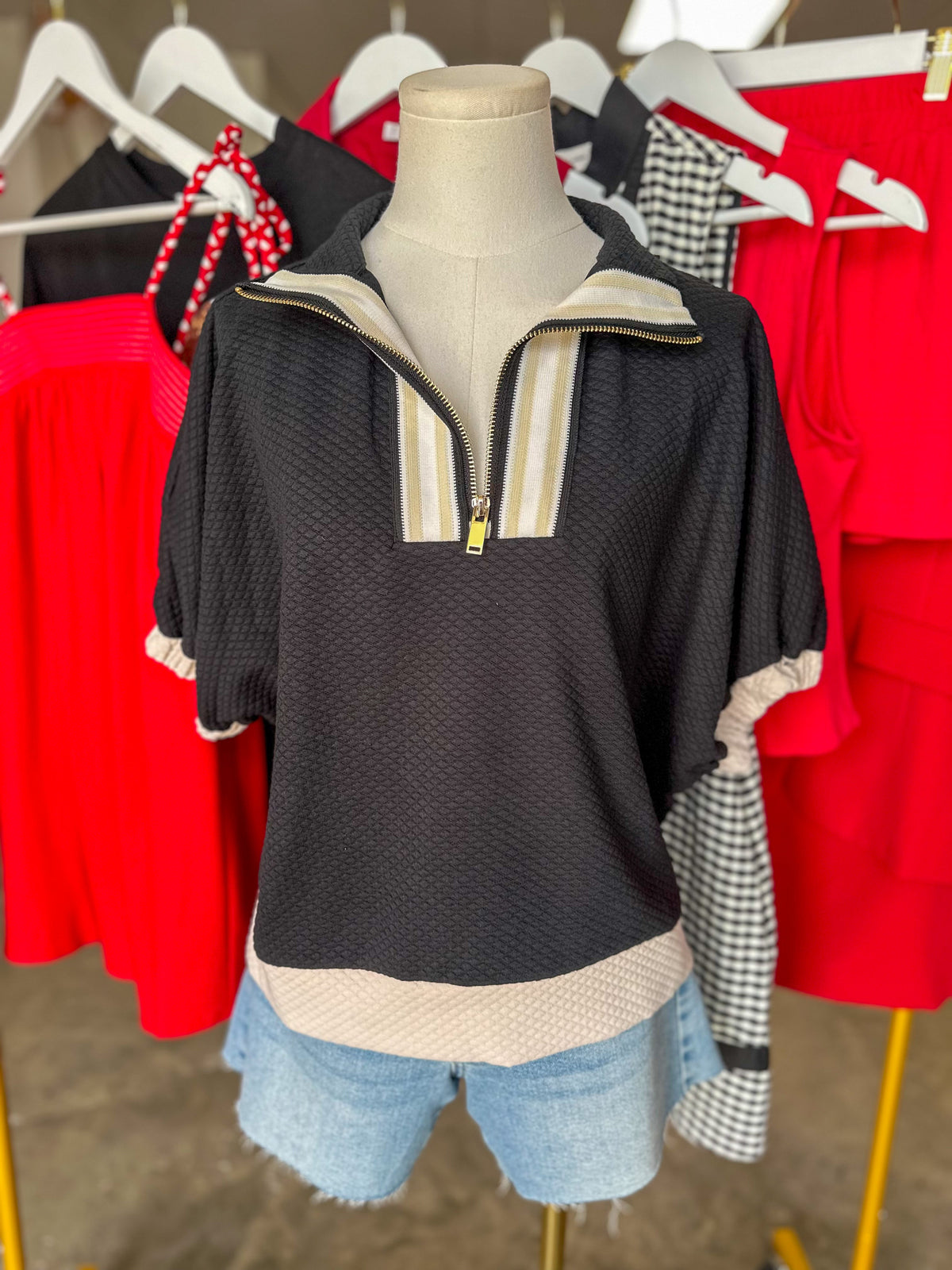 Black & Cream Clubhouse Quarter Zip Mock Neck Top