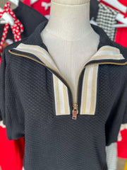Black & Cream Clubhouse Quarter Zip Mock Neck Top