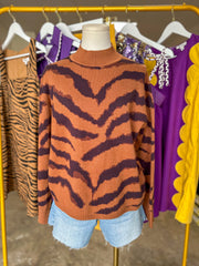 Camel Untamed Beauty Tiger Striped Long Sleeve Sweater