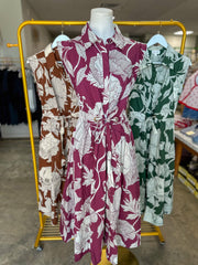 Burgundy Garden Society Collared Tie Waist Maxi Dress