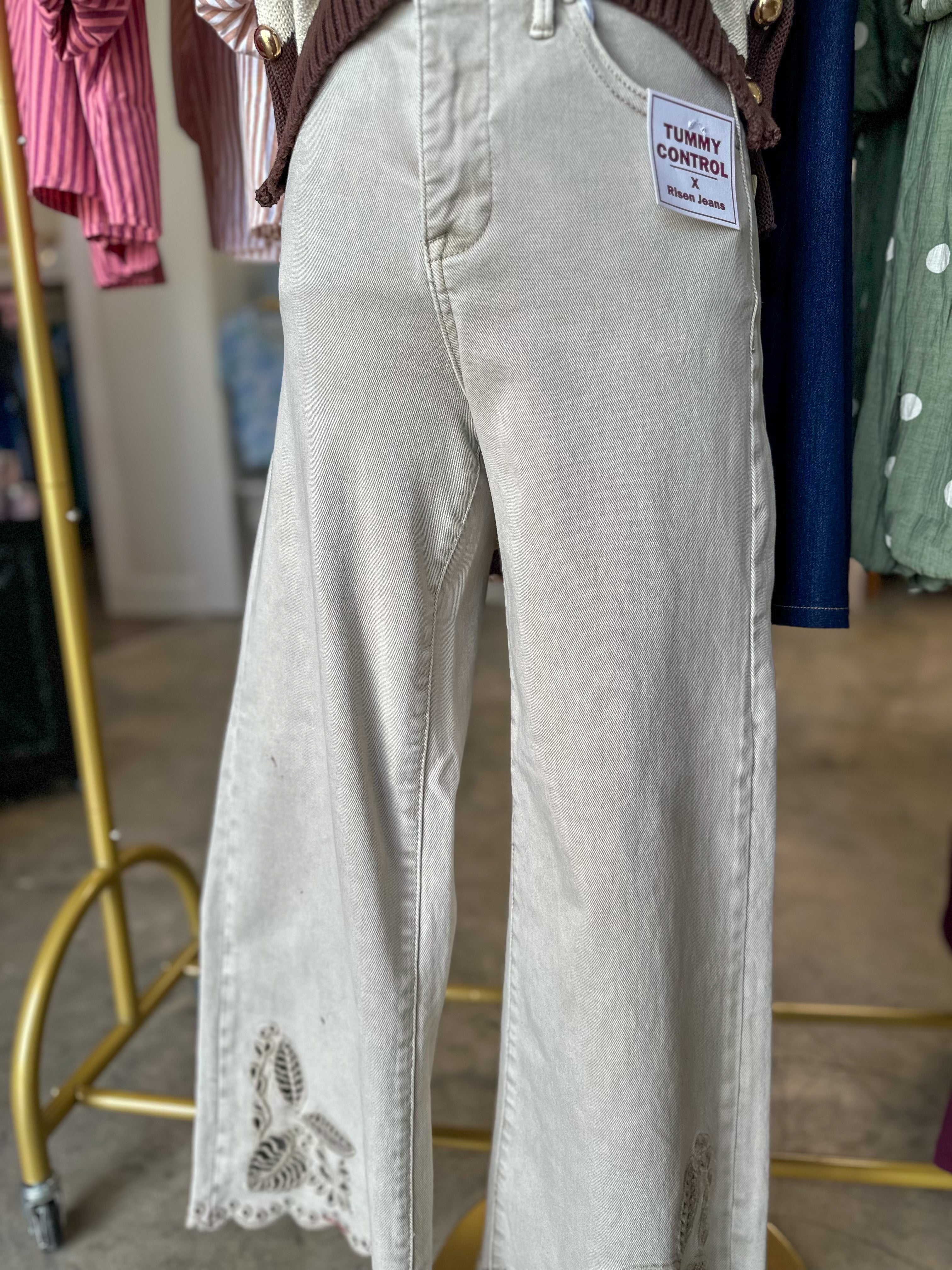 Almond Eyelet Embroidered High Rise Cropped Wide Leg Denim Jeans