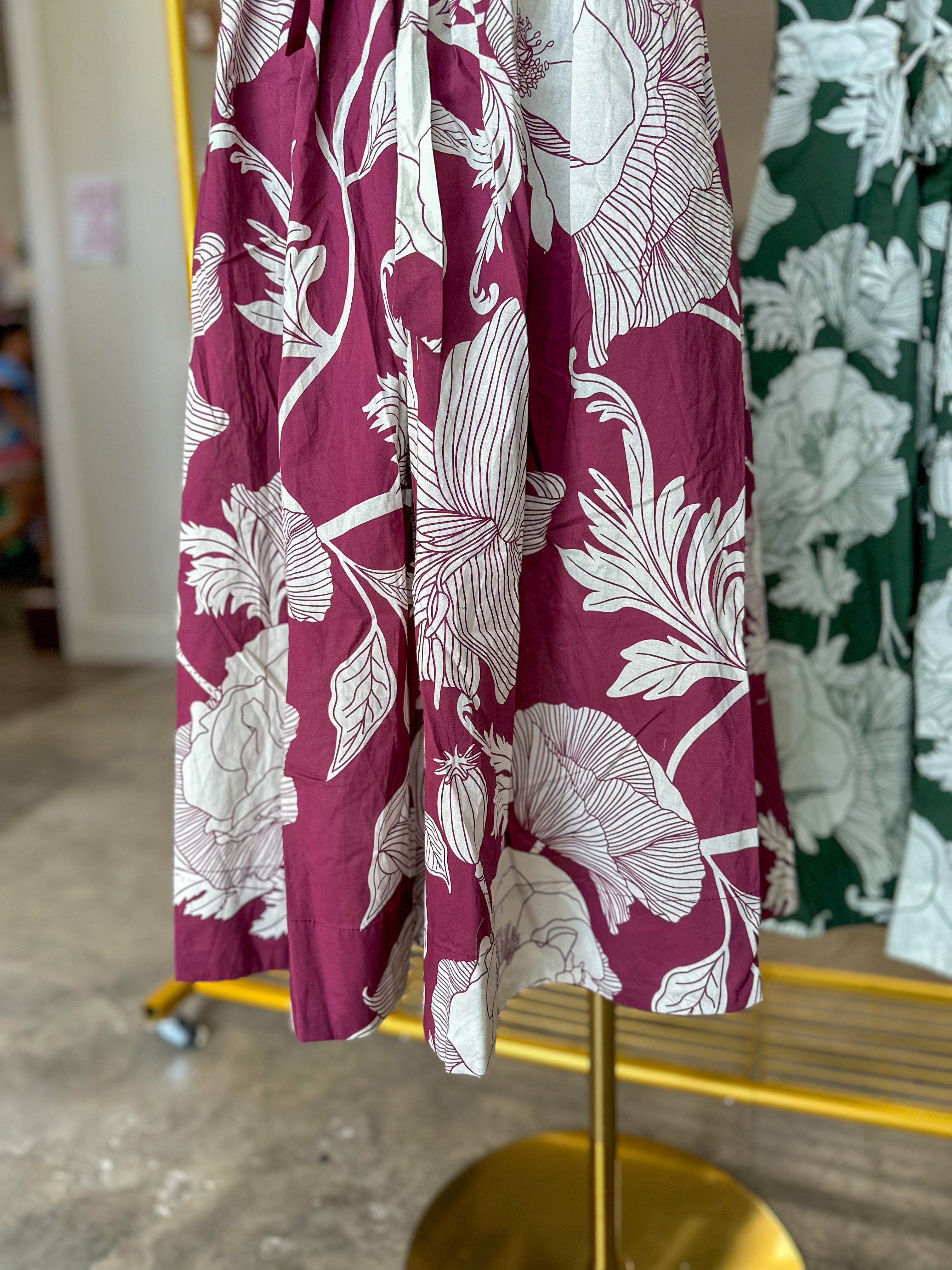 Burgundy Garden Society Collared Tie Waist Maxi Dress