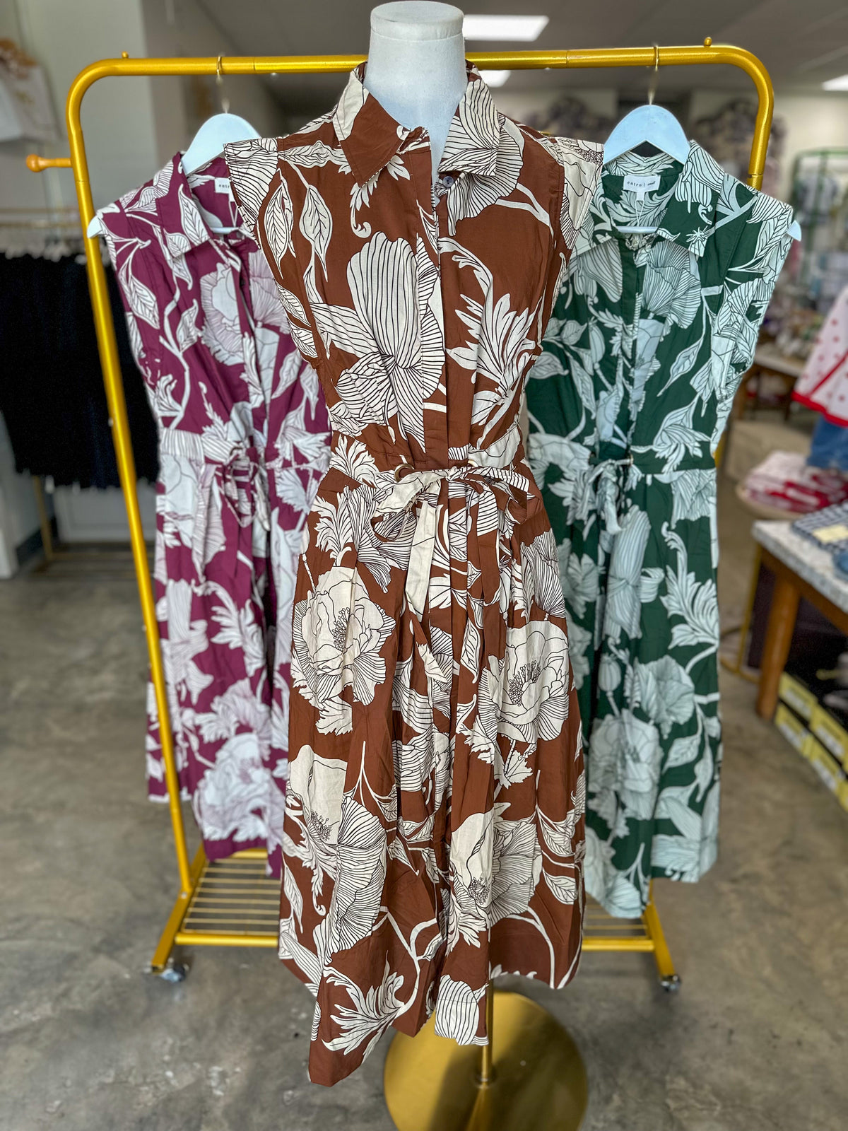 Brown Garden Society Collared Tie Waist Maxi Dress