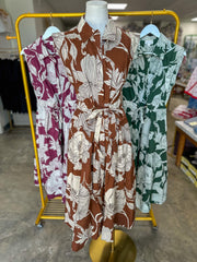 Brown Garden Society Collared Tie Waist Maxi Dress