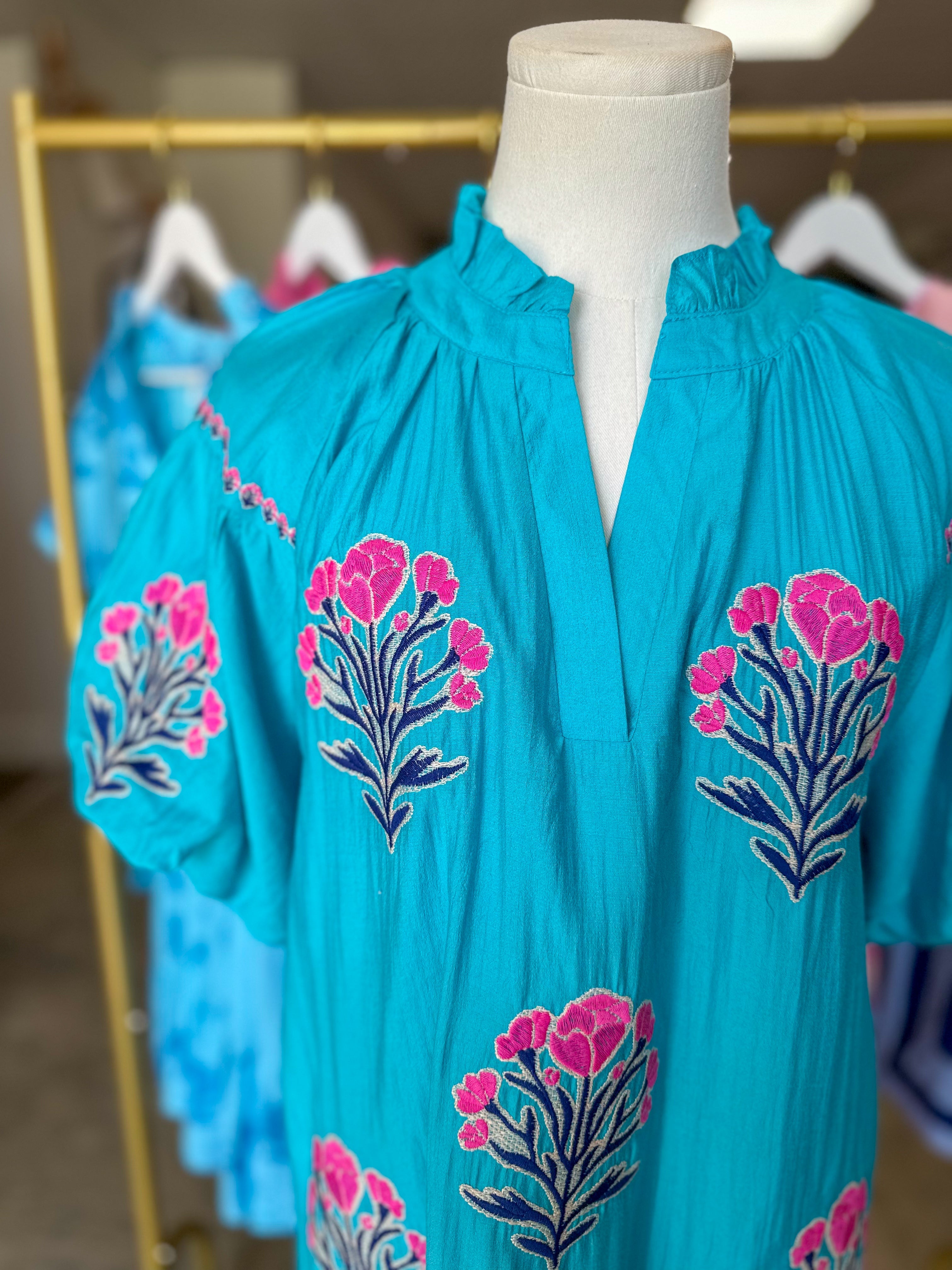 Aqua Cottage Bloom Embroidered Bubble Sleeve Mini Dress