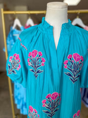 Aqua Cottage Bloom Embroidered Bubble Sleeve Mini Dress