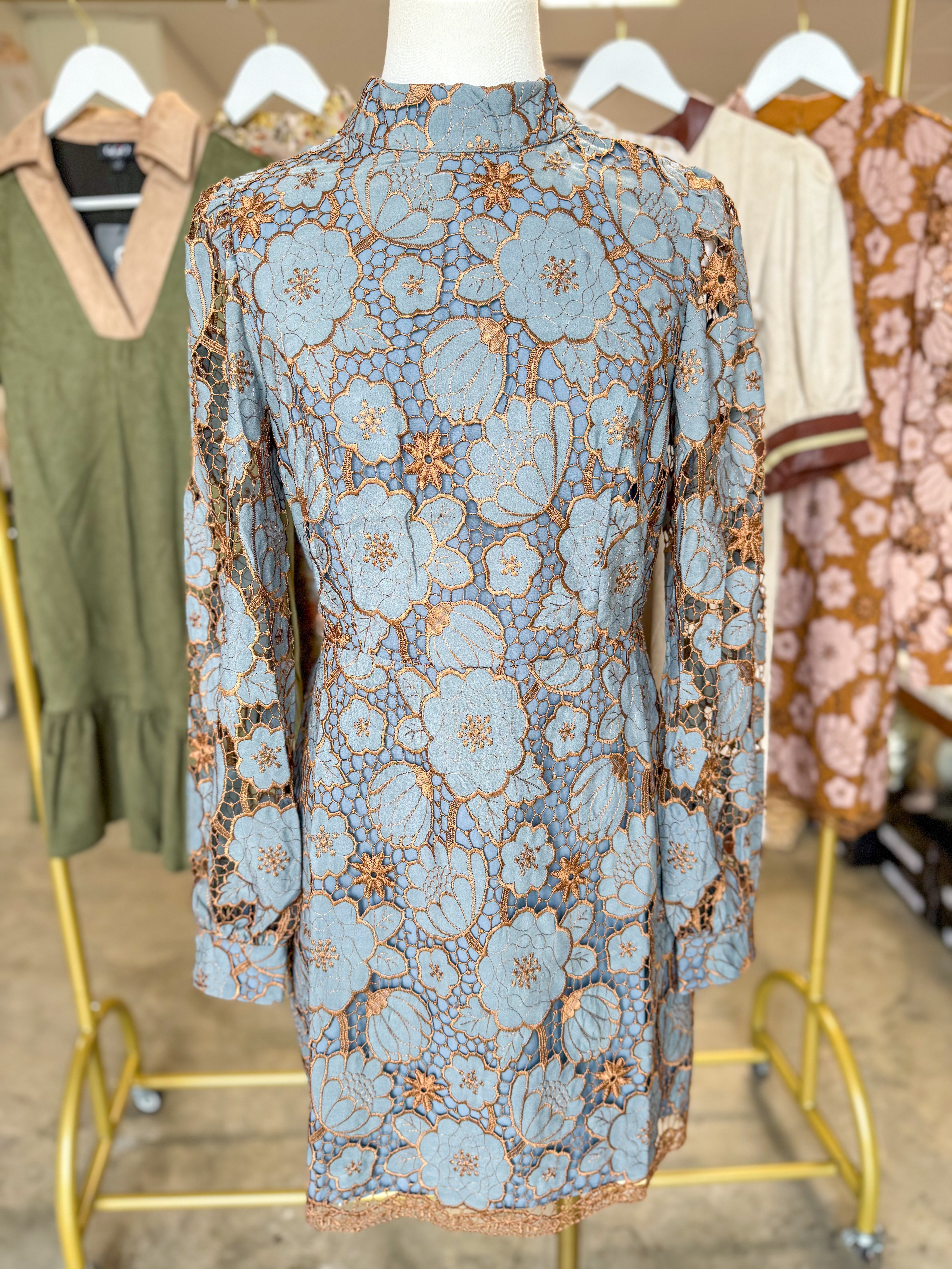 Blue/Bronze Vintage Lace Charm Mini Dress