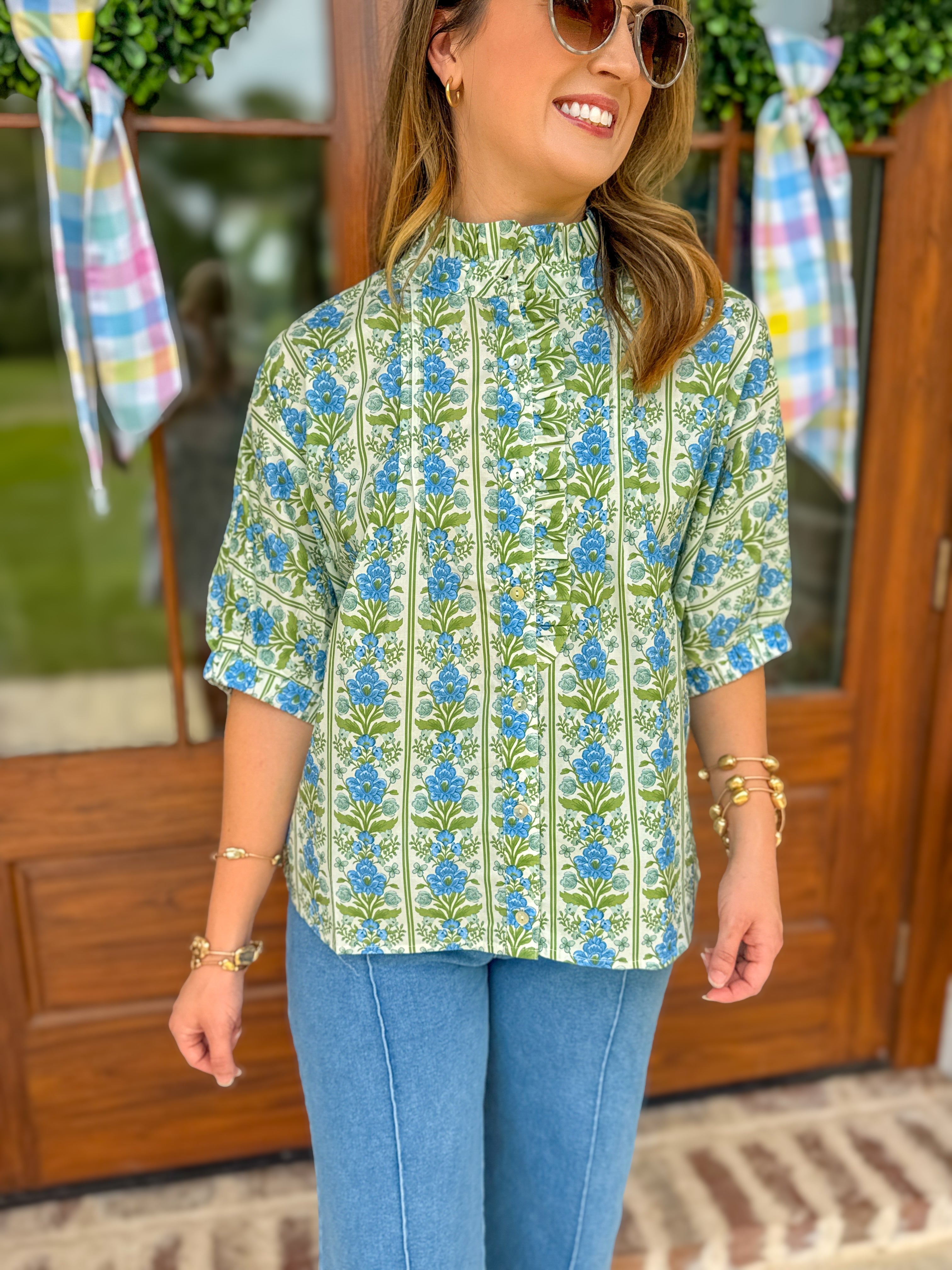 Blue Vintage Vine Ruffle Collar Blouse