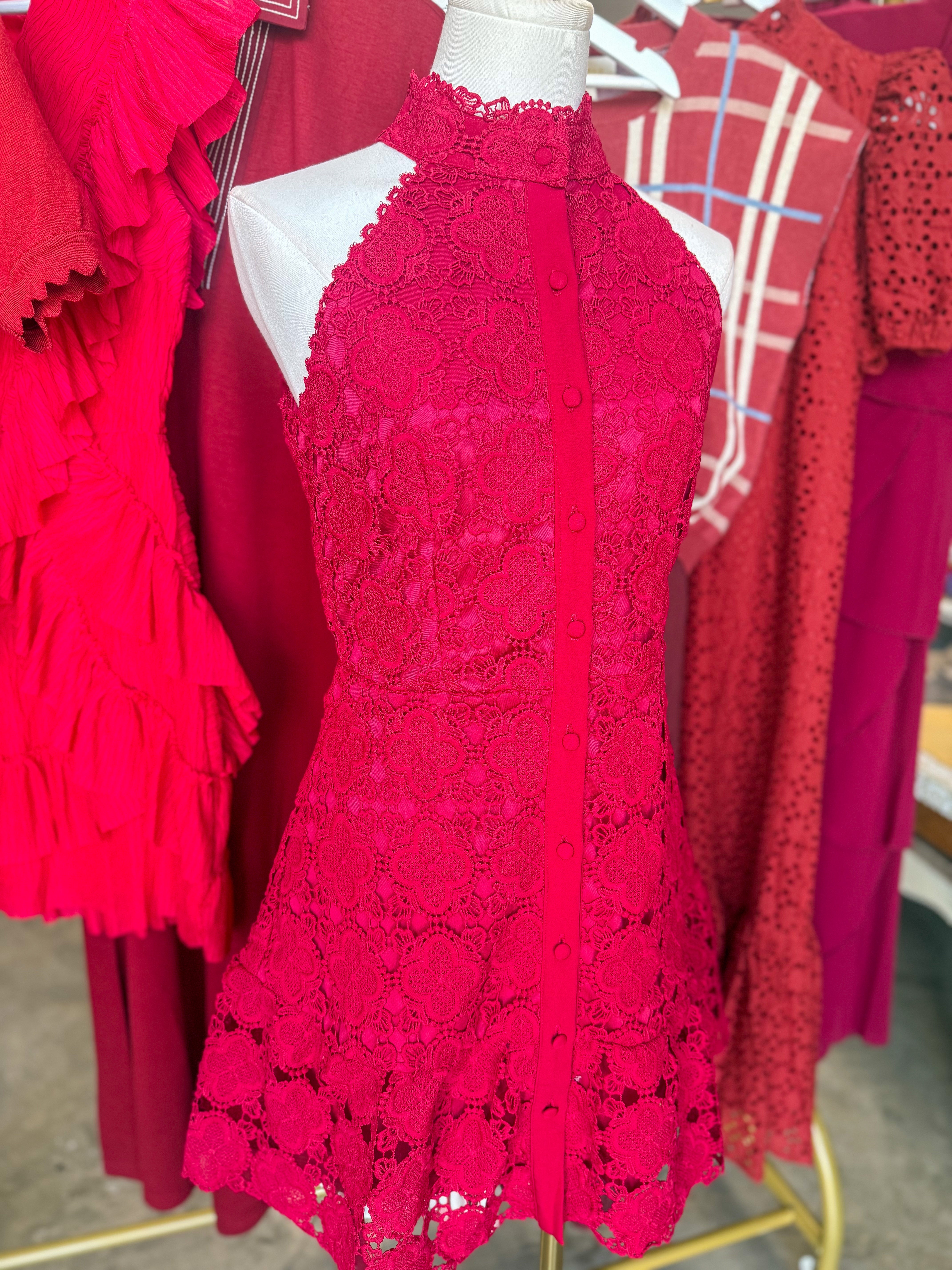 Burgundy Magnolia Lace Halter Neck Mini Dress