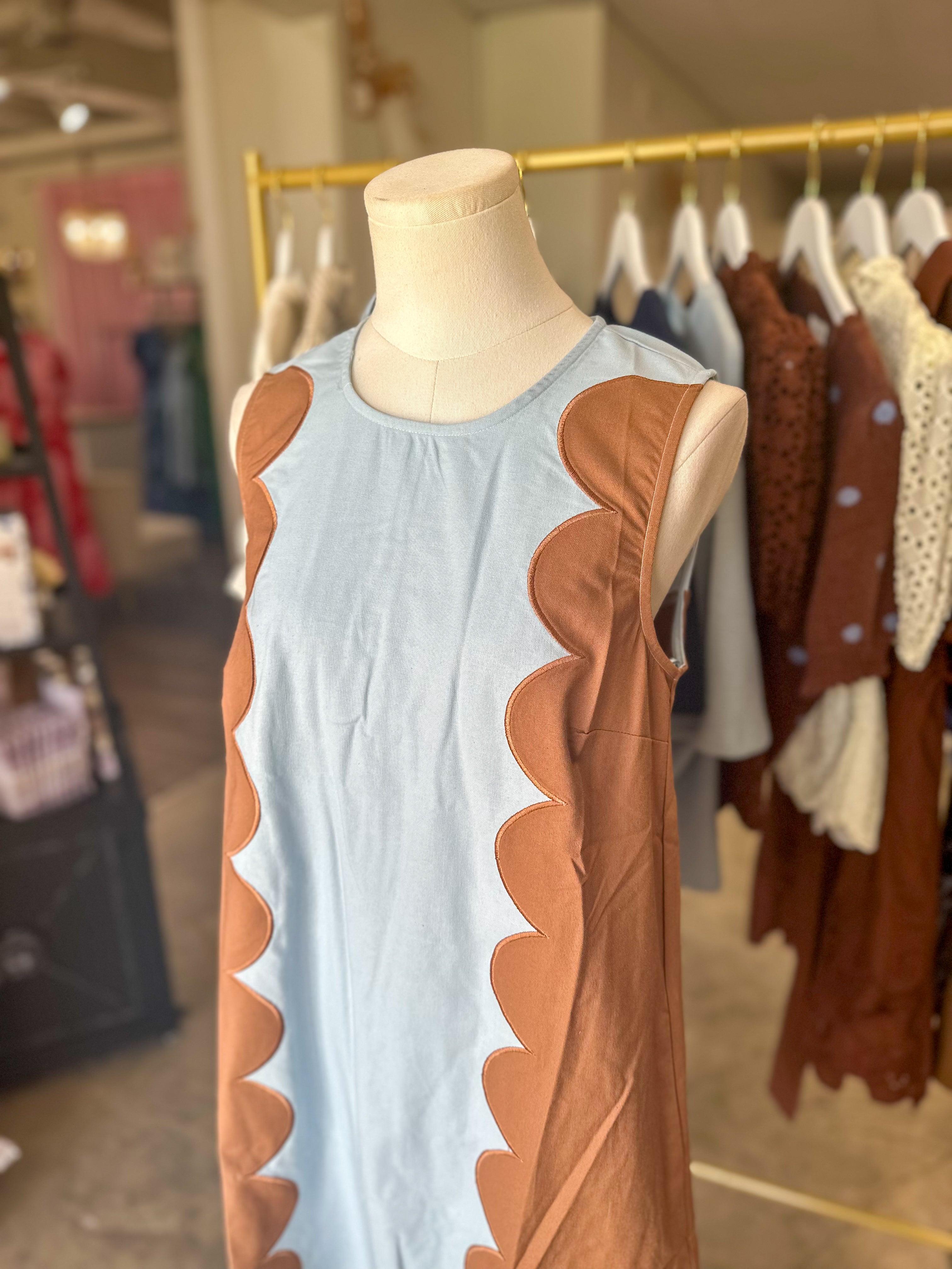 Blue & Brown Saturday In The South Scallop Panel Mini Dress