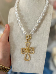 Brylee Pearl Beaded Cross Pendant Necklace Worn Gold - Caroline Hill Jewlery