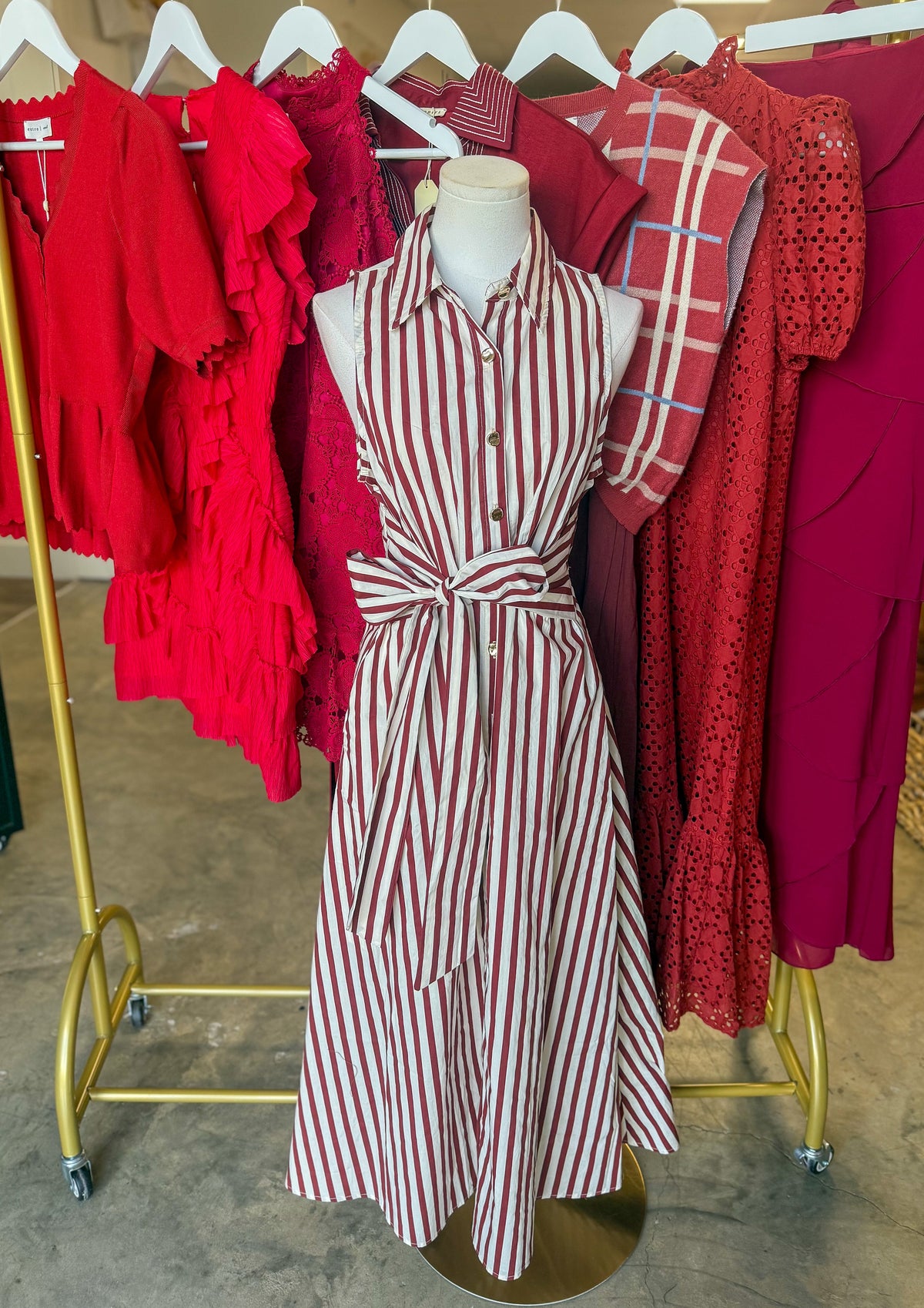Burgundy Rowan Lane Striped Belted Maxi Dress
