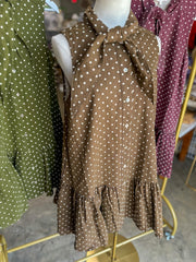 Brown Polished Polka Dots Tie Neck Mini Dress