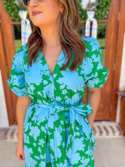 Blue & Green Riona Floral Wynette Tiered Midi Dress