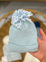 Baby Boy Blue Hat W/ Blue Pompom