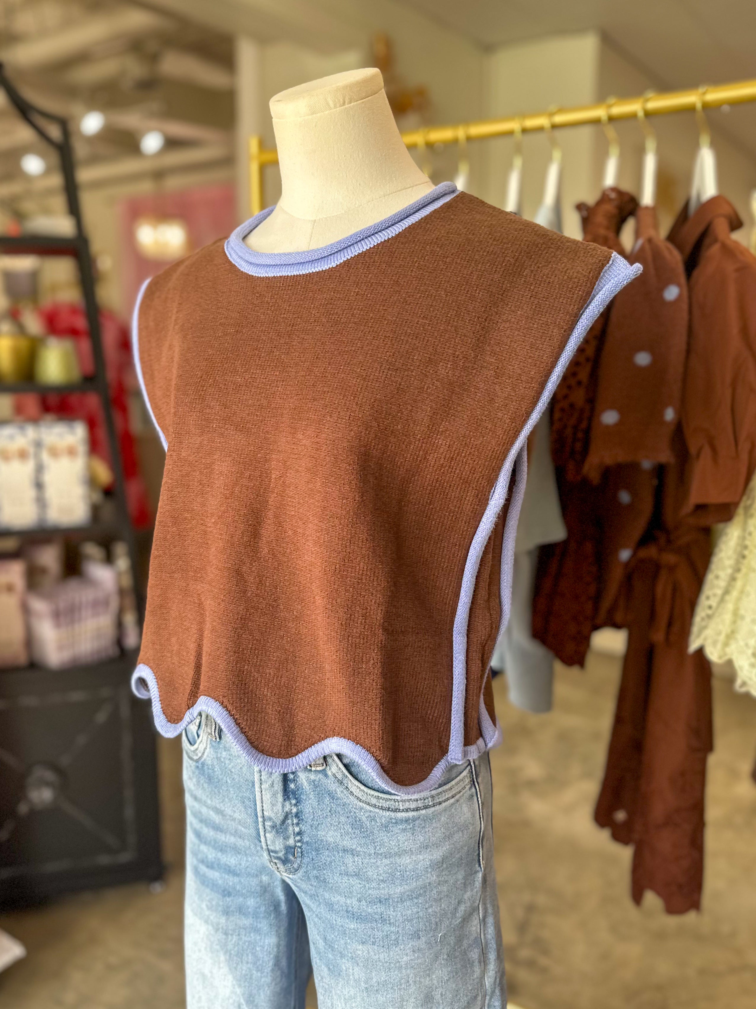 Brown and Blue Classic Contrast Sweater Top