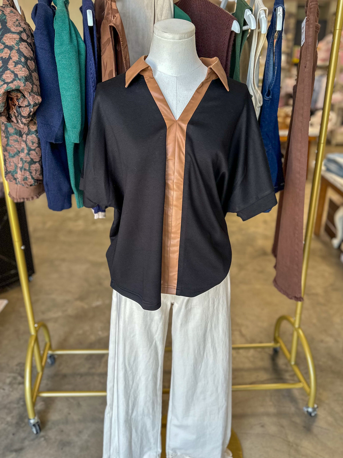 Black Windsor Contrast Collared Top