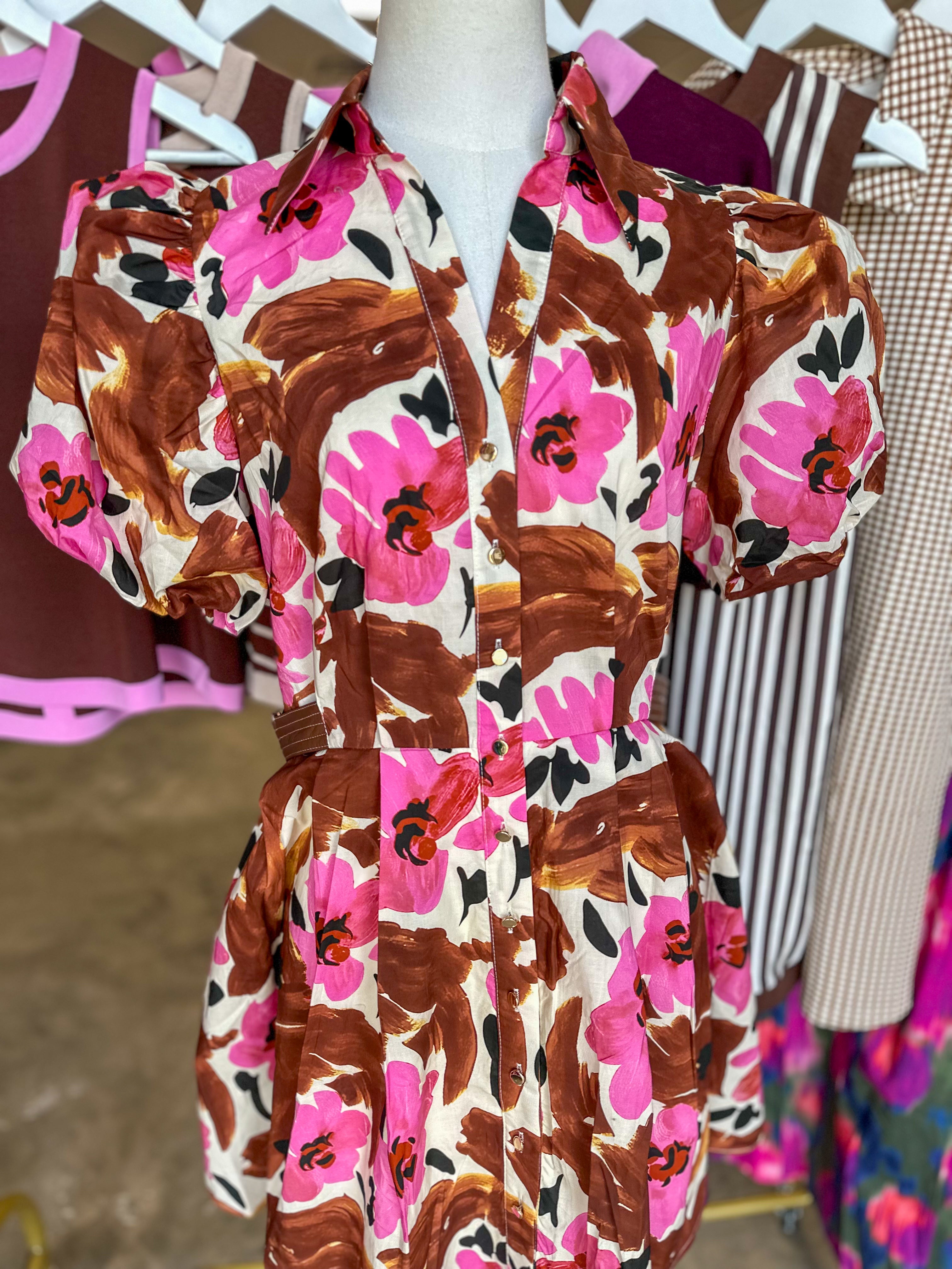 Brown & Pink Painted Petals Pleated Mini Dress