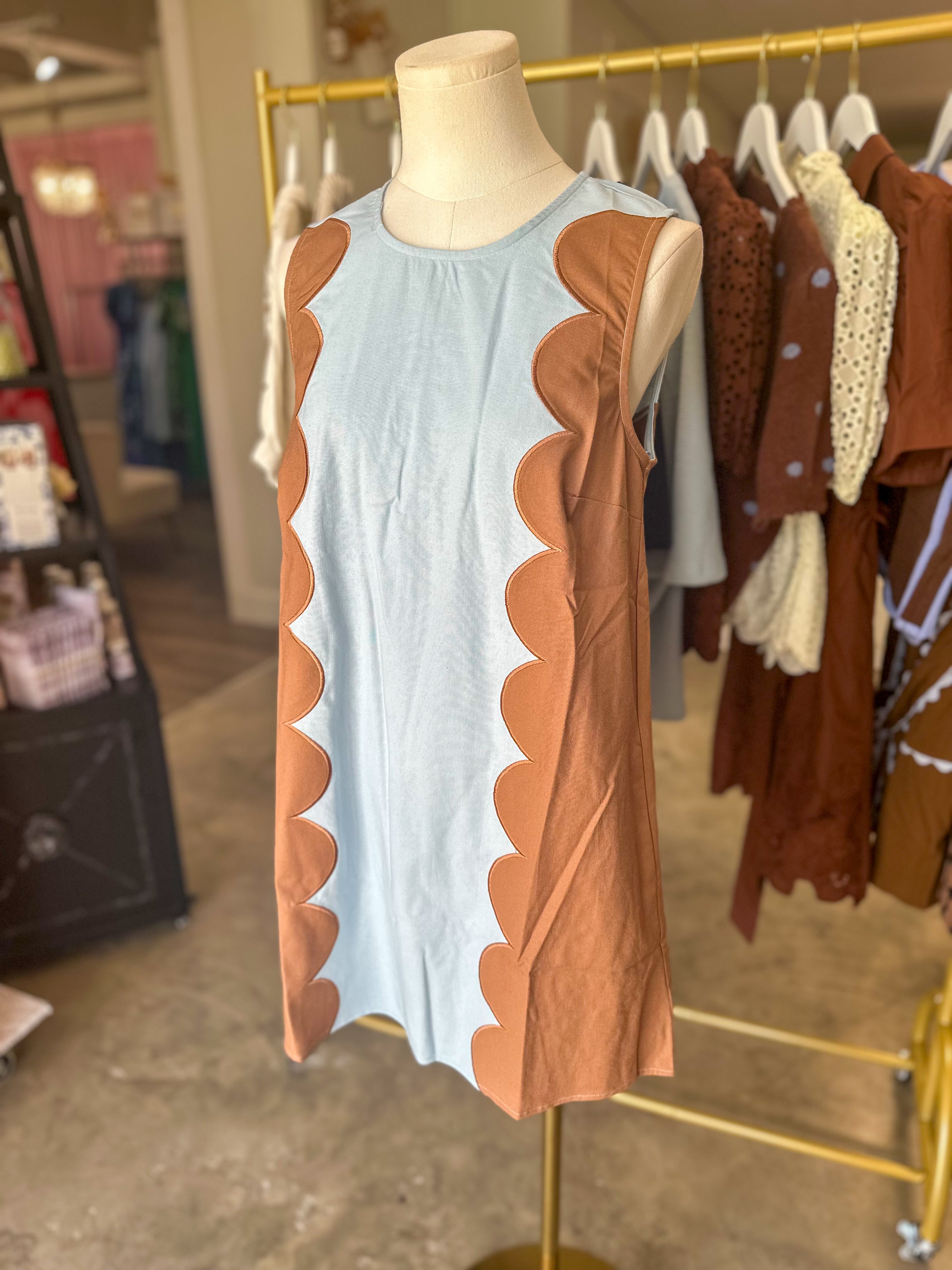 Blue & Brown Saturday In The South Scallop Panel Mini Dress