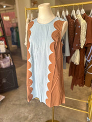 Blue & Brown Saturday In The South Scallop Panel Mini Dress