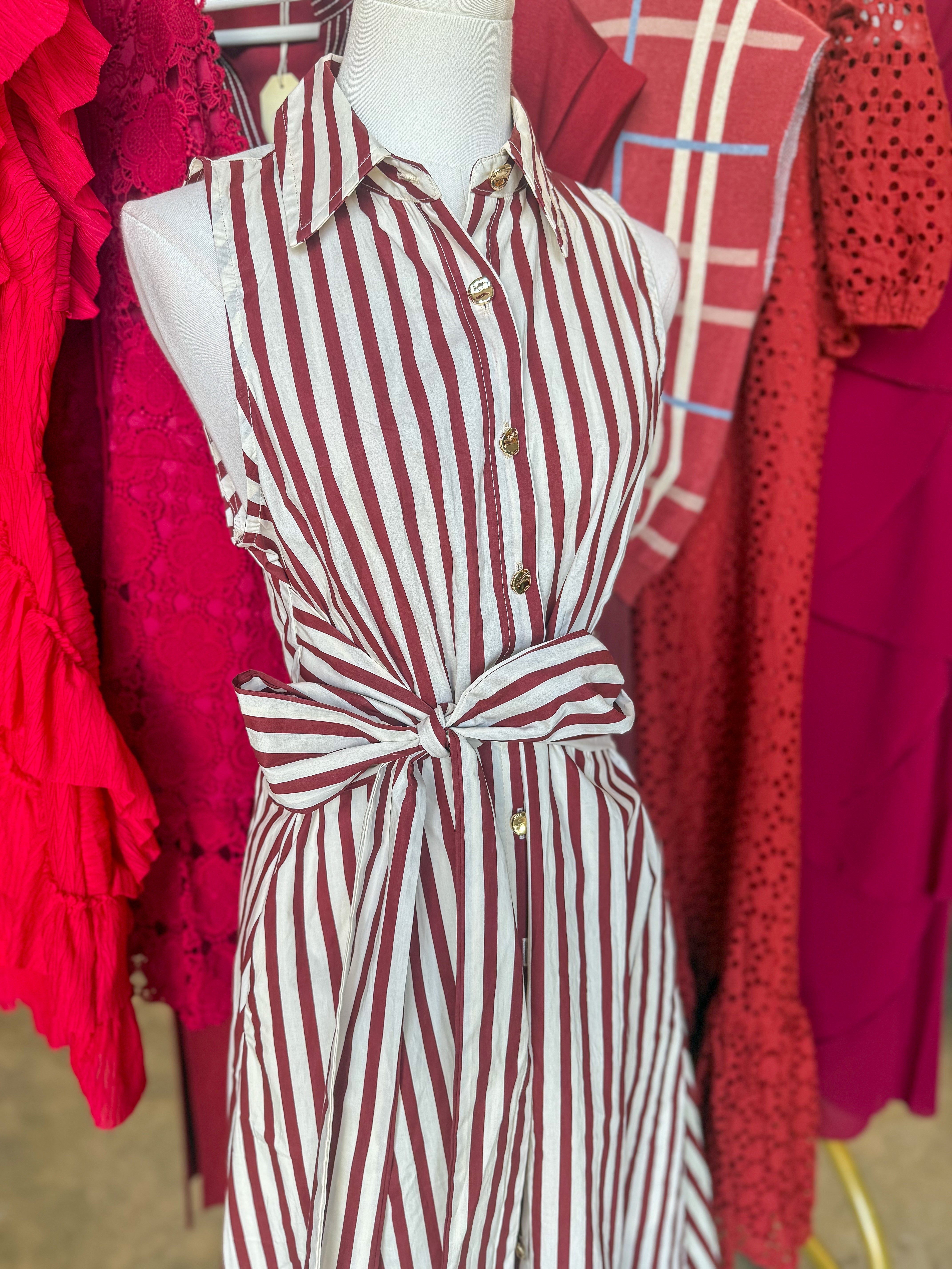 Burgundy Rowan Lane Striped Belted Maxi Dress