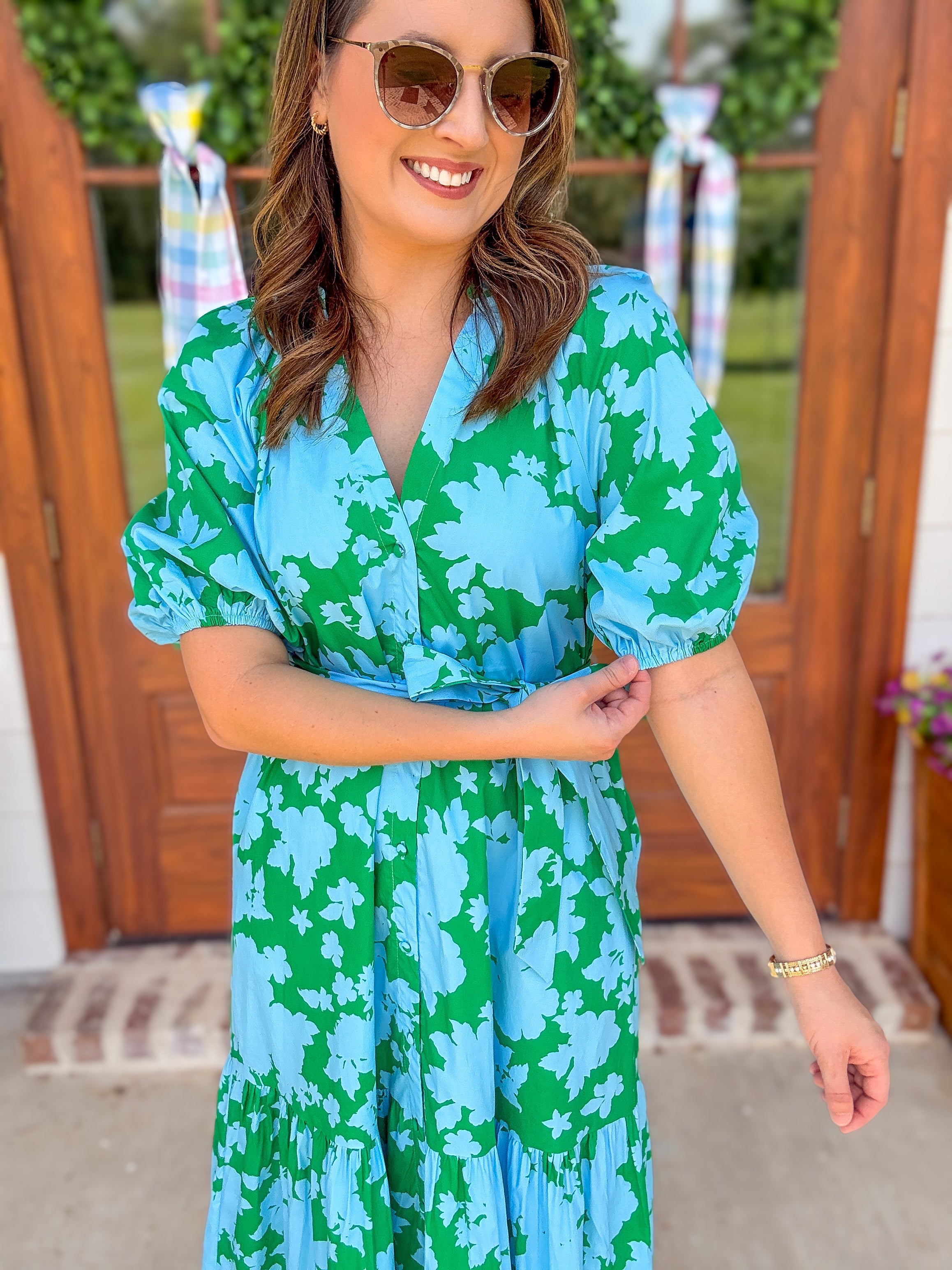 Blue & Green Riona Floral Wynette Tiered Midi Dress