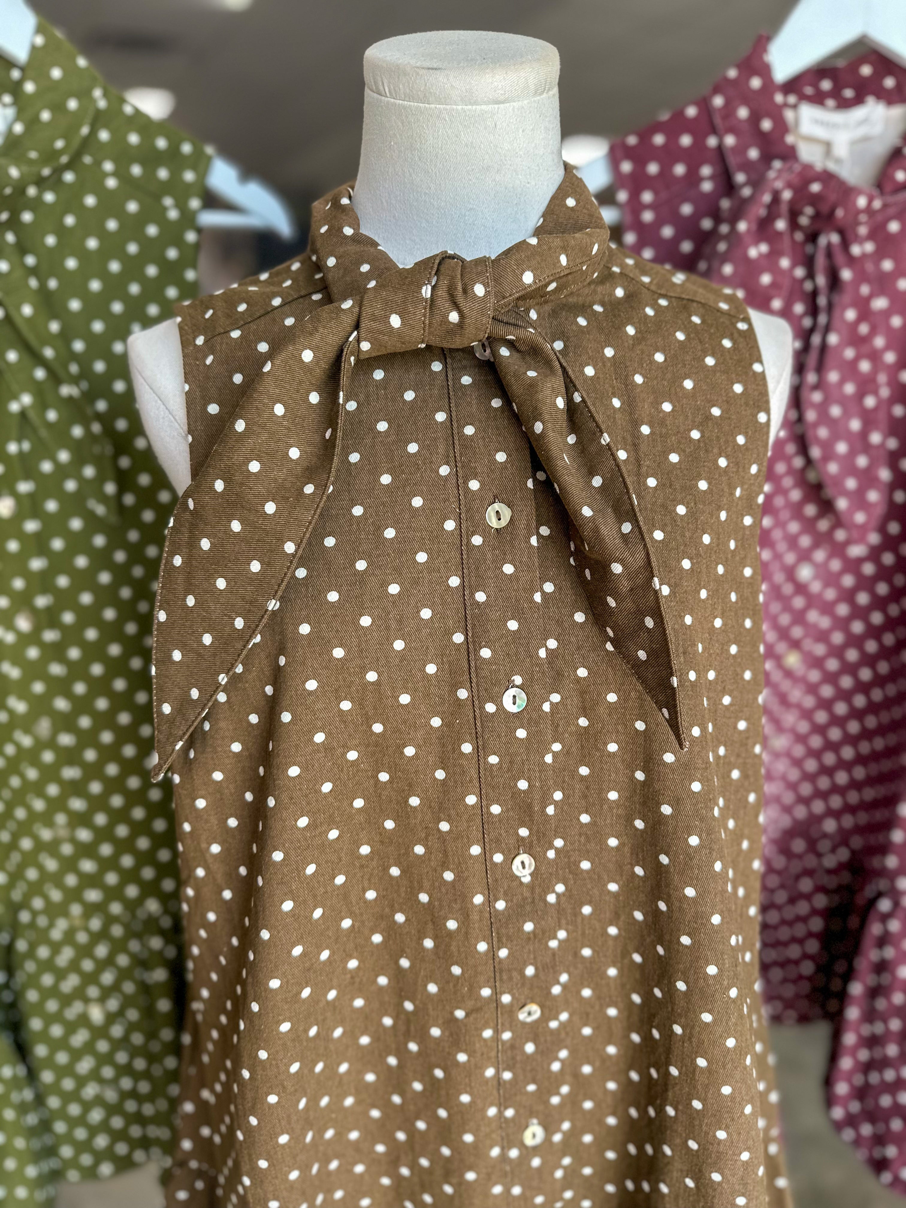 Brown Polished Polka Dots Tie Neck Mini Dress