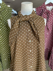 Brown Polished Polka Dots Tie Neck Mini Dress
