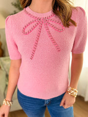Candy Pink Glitz & Grace Beaded Crystal Bow Sweater