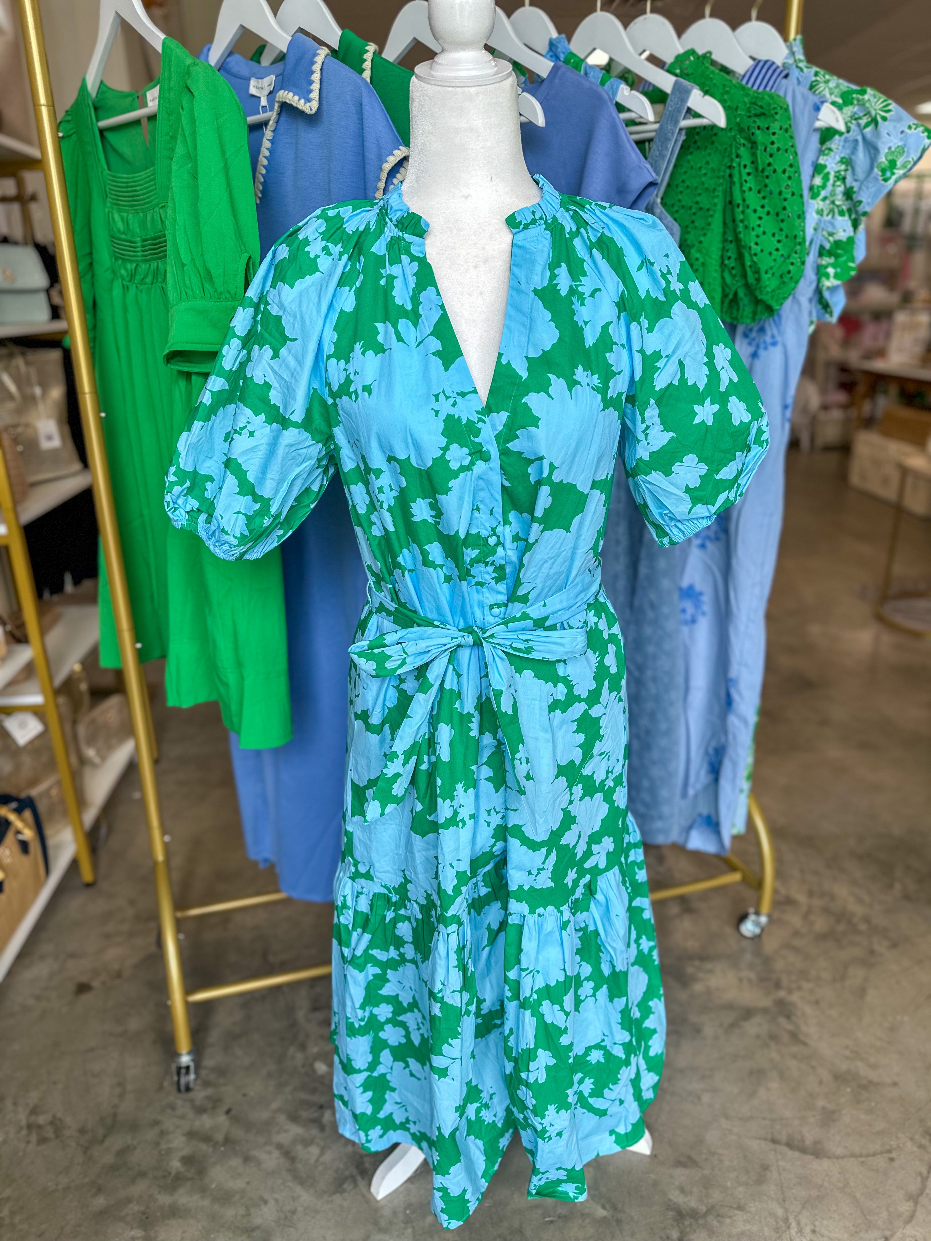 Blue & Green Riona Floral Wynette Tiered Midi Dress