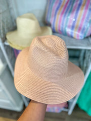 Blush Pink Rattan Floppy Brim Beach Hat