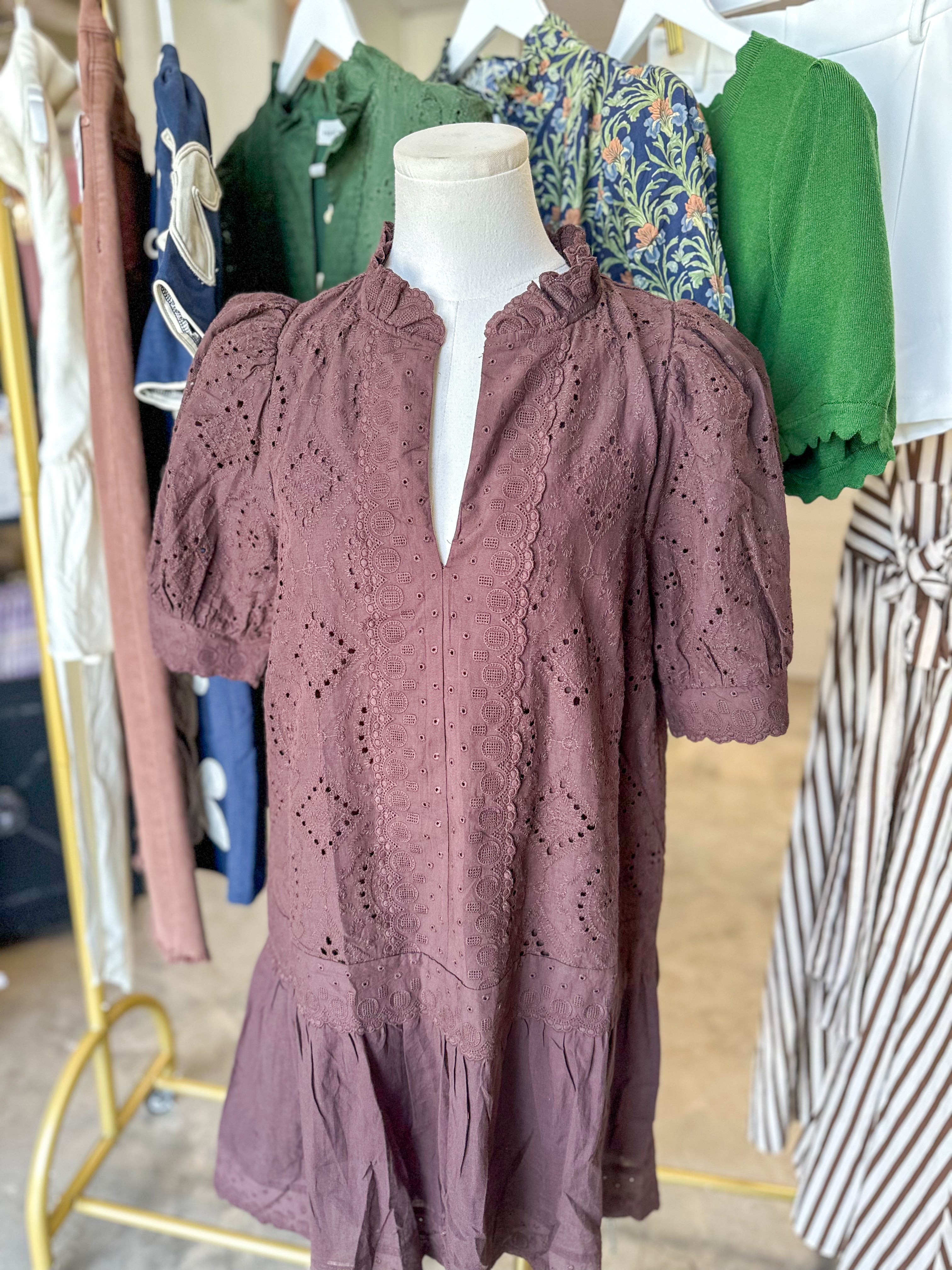 Brown Evelyn Eyelet Mini Dress