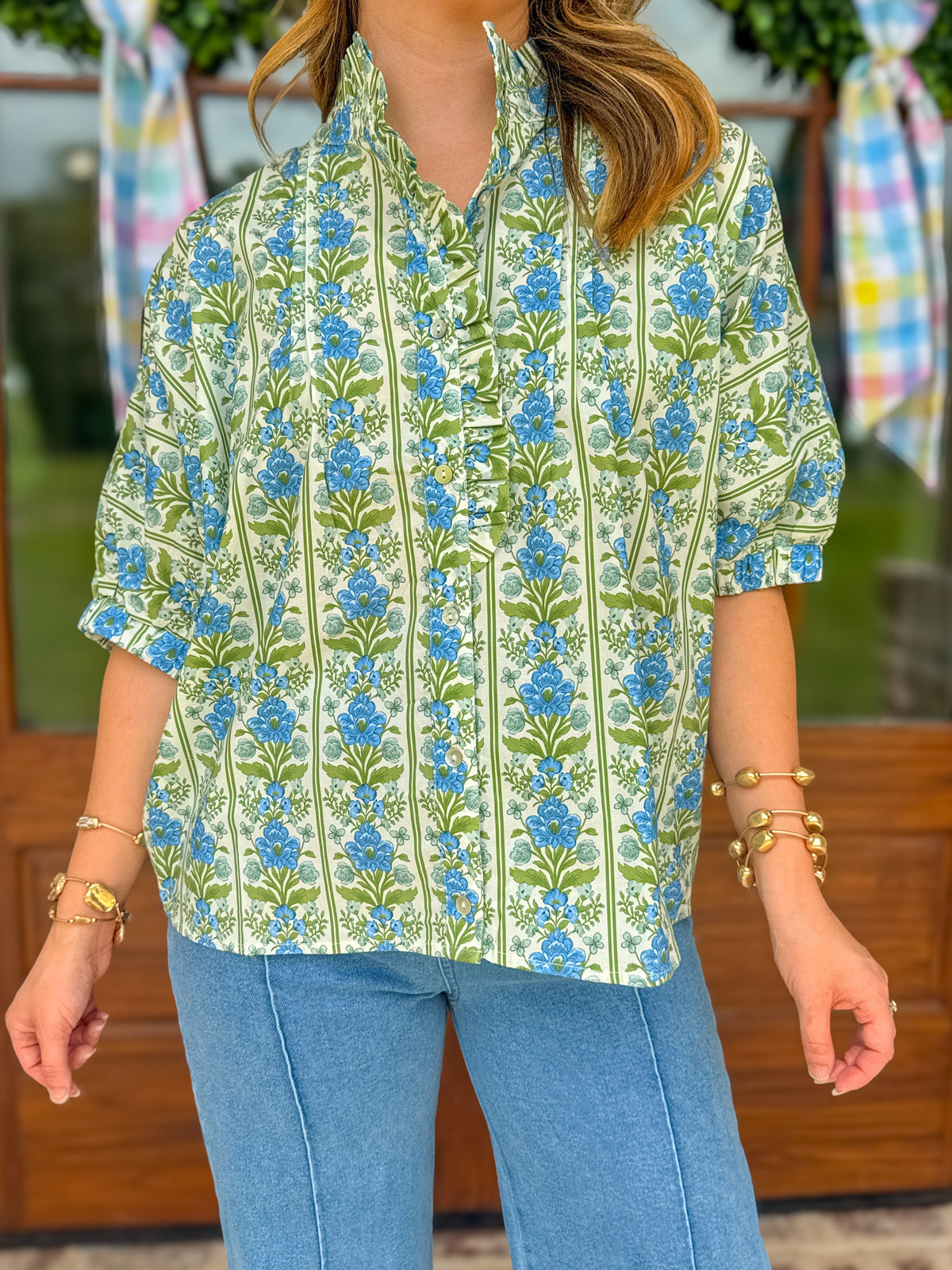 Blue Vintage Vine Ruffle Collar Blouse