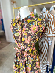Brown Autumn Tapestry Tie Waist Mini Dress