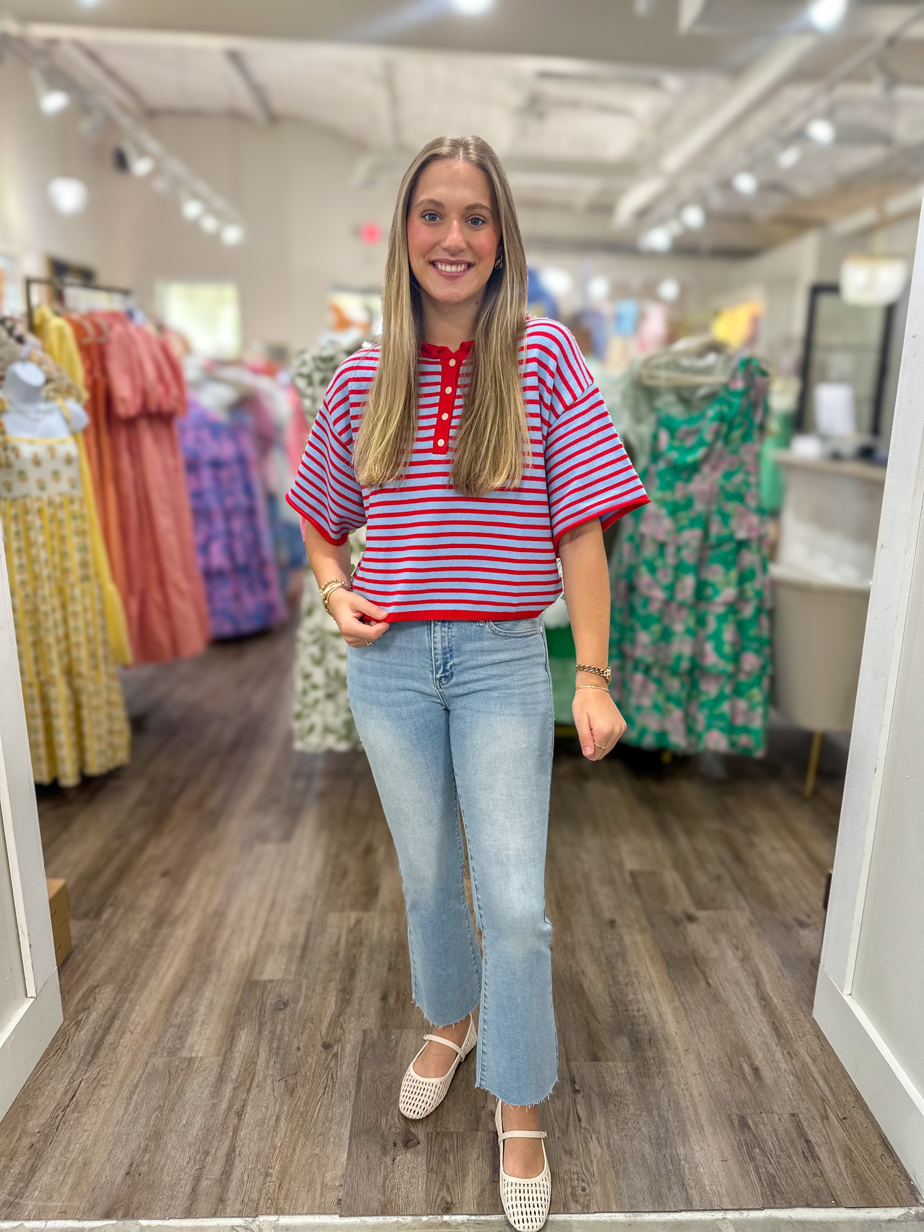 Blue & Red Striped Short Sleeve Henley Knit Top