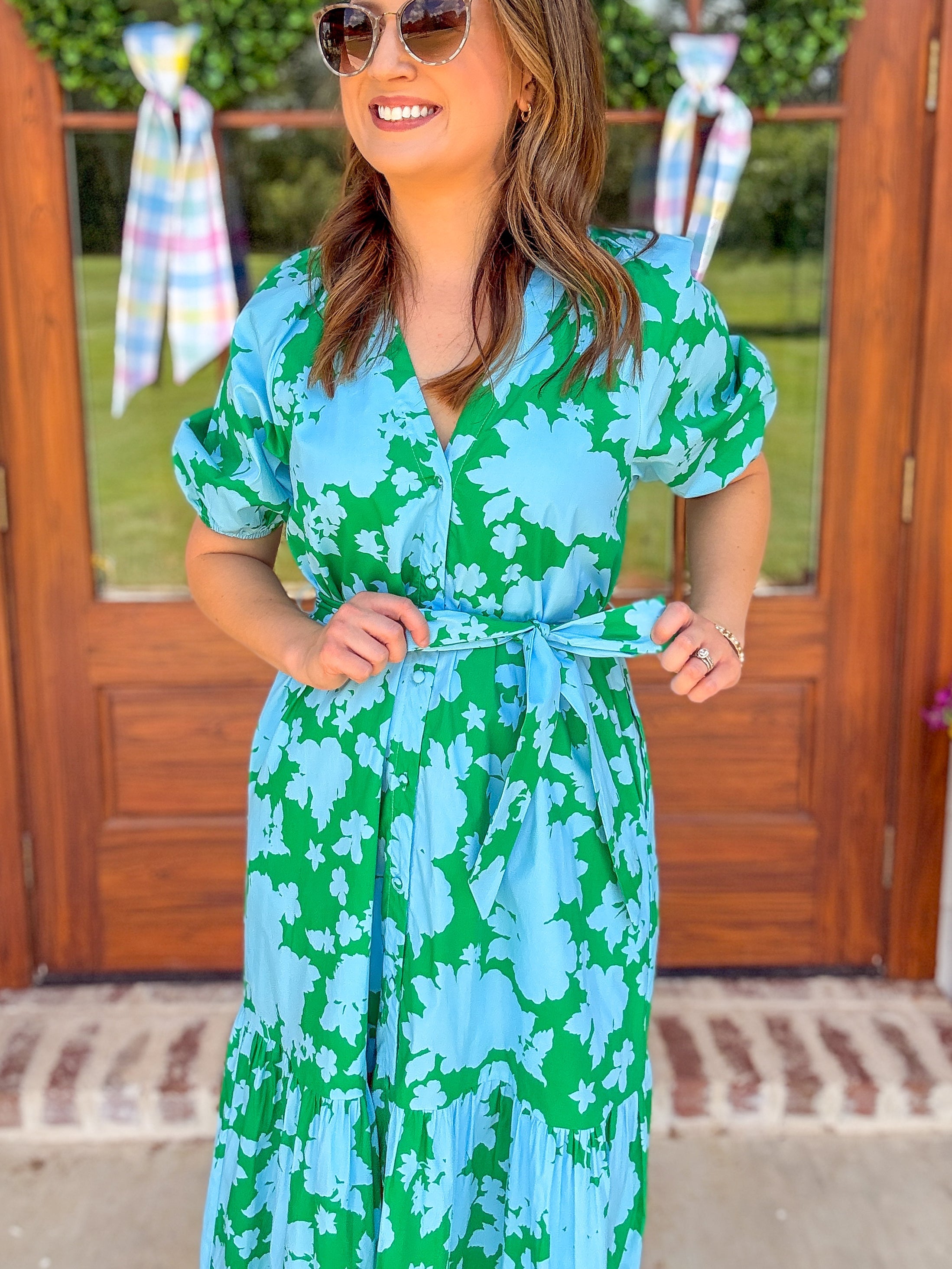 Blue & Green Riona Floral Wynette Tiered Midi Dress