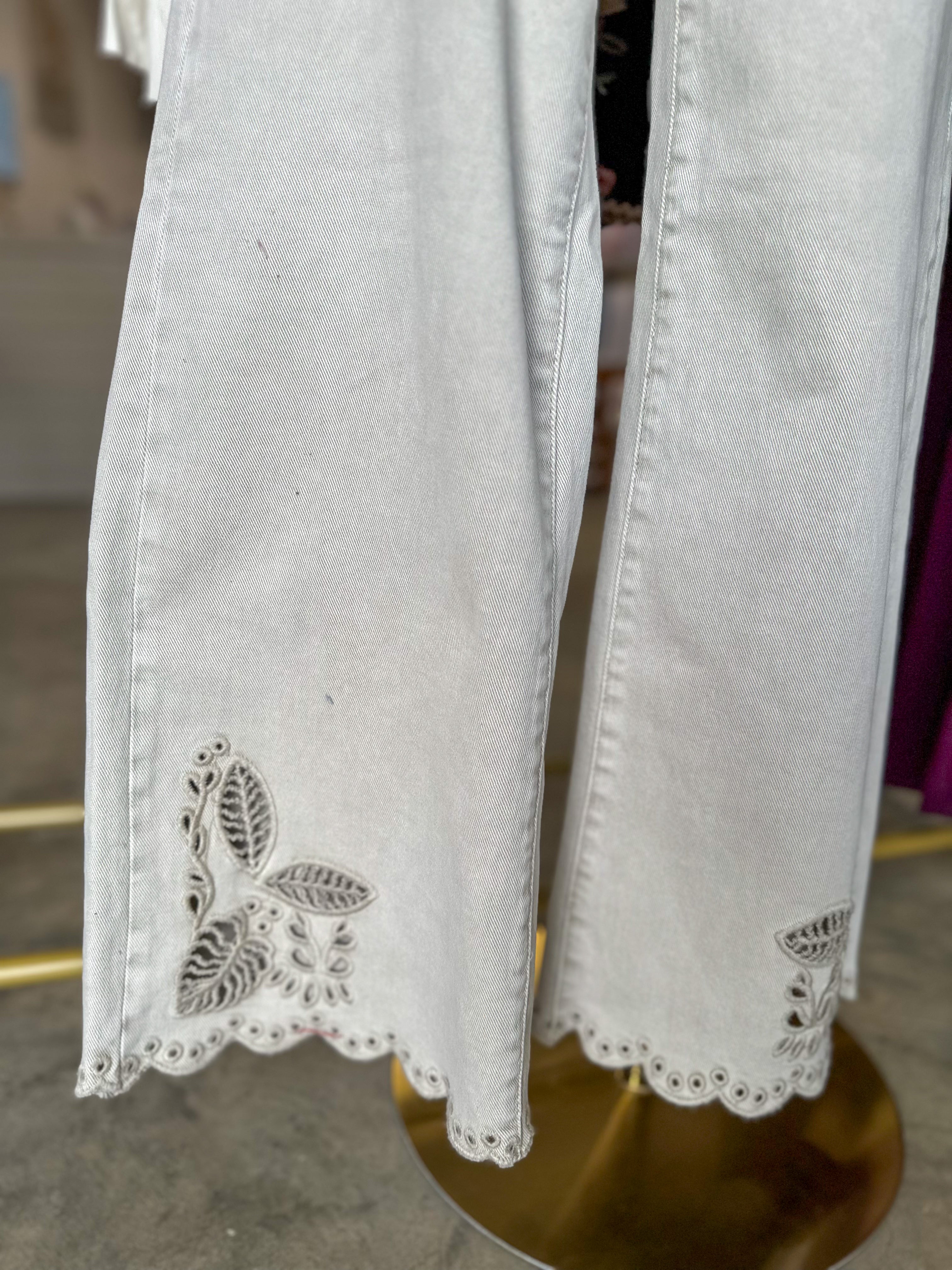 Almond Eyelet Embroidered High Rise Cropped Wide Leg Denim Jeans
