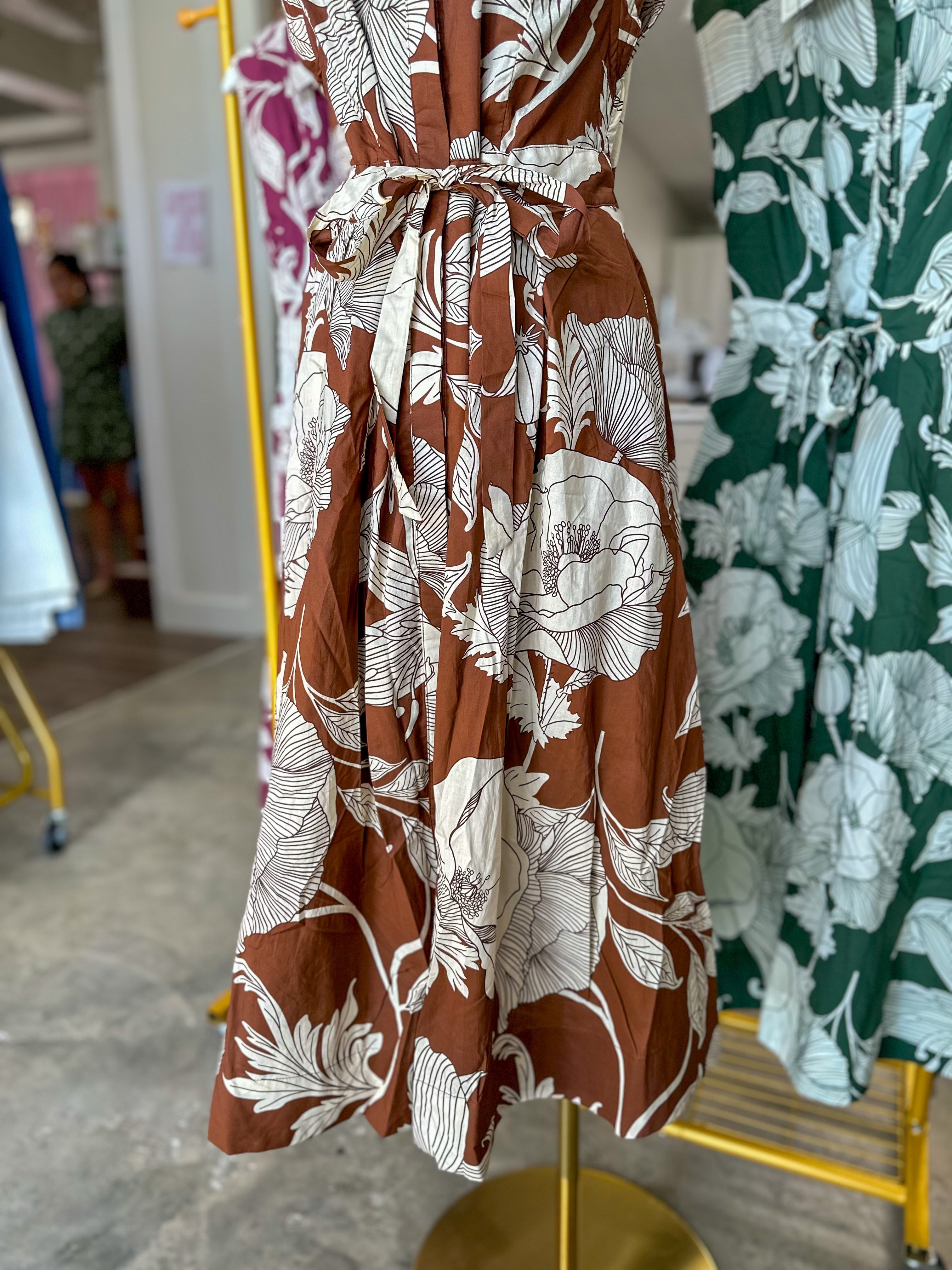 Brown Garden Society Collared Tie Waist Maxi Dress