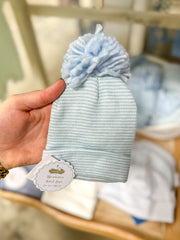 Baby Boy Blue Striped Hat W/ Blue Pompom
