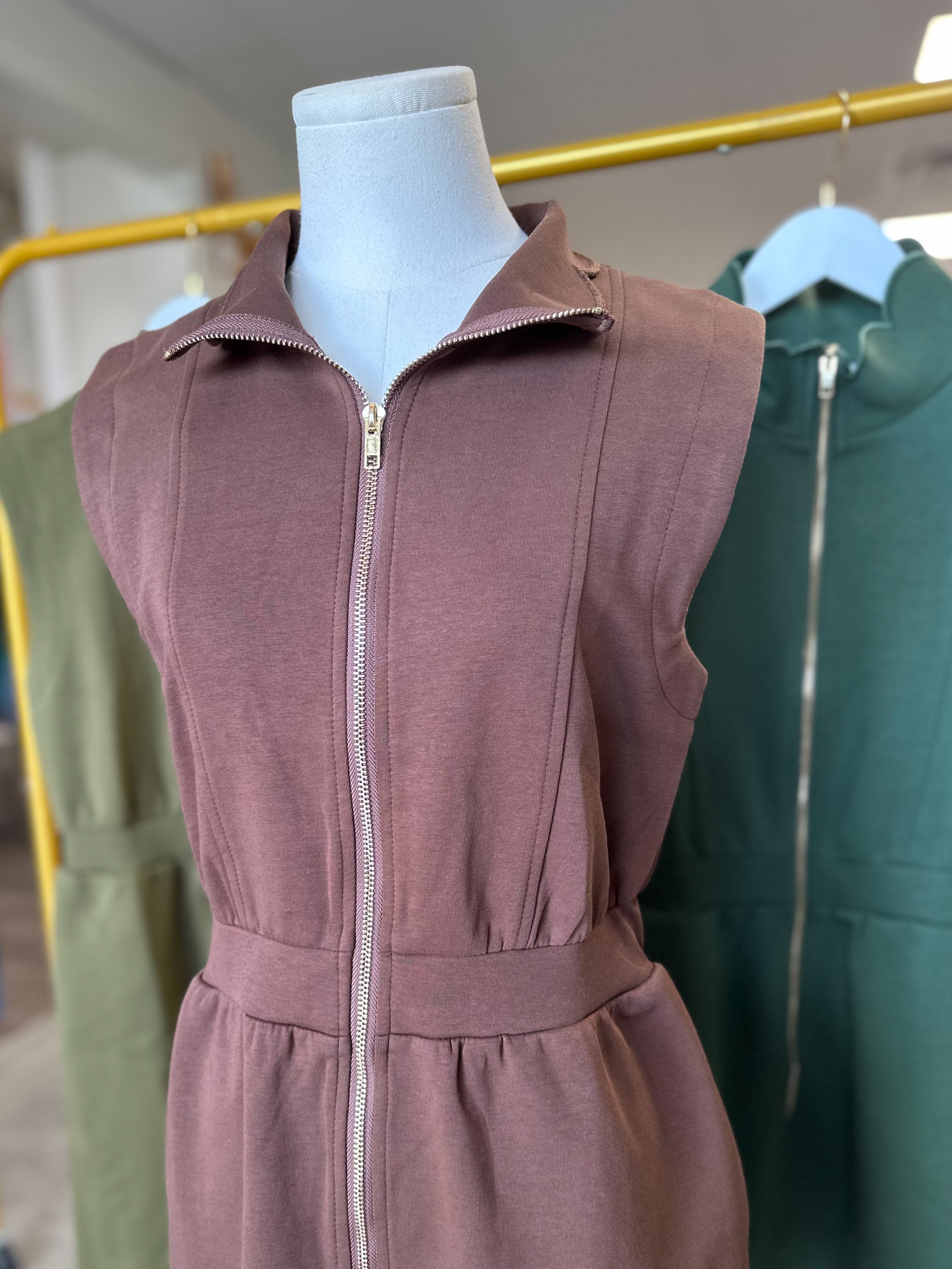 Brown On the Move Scallop Zip Mini Dress