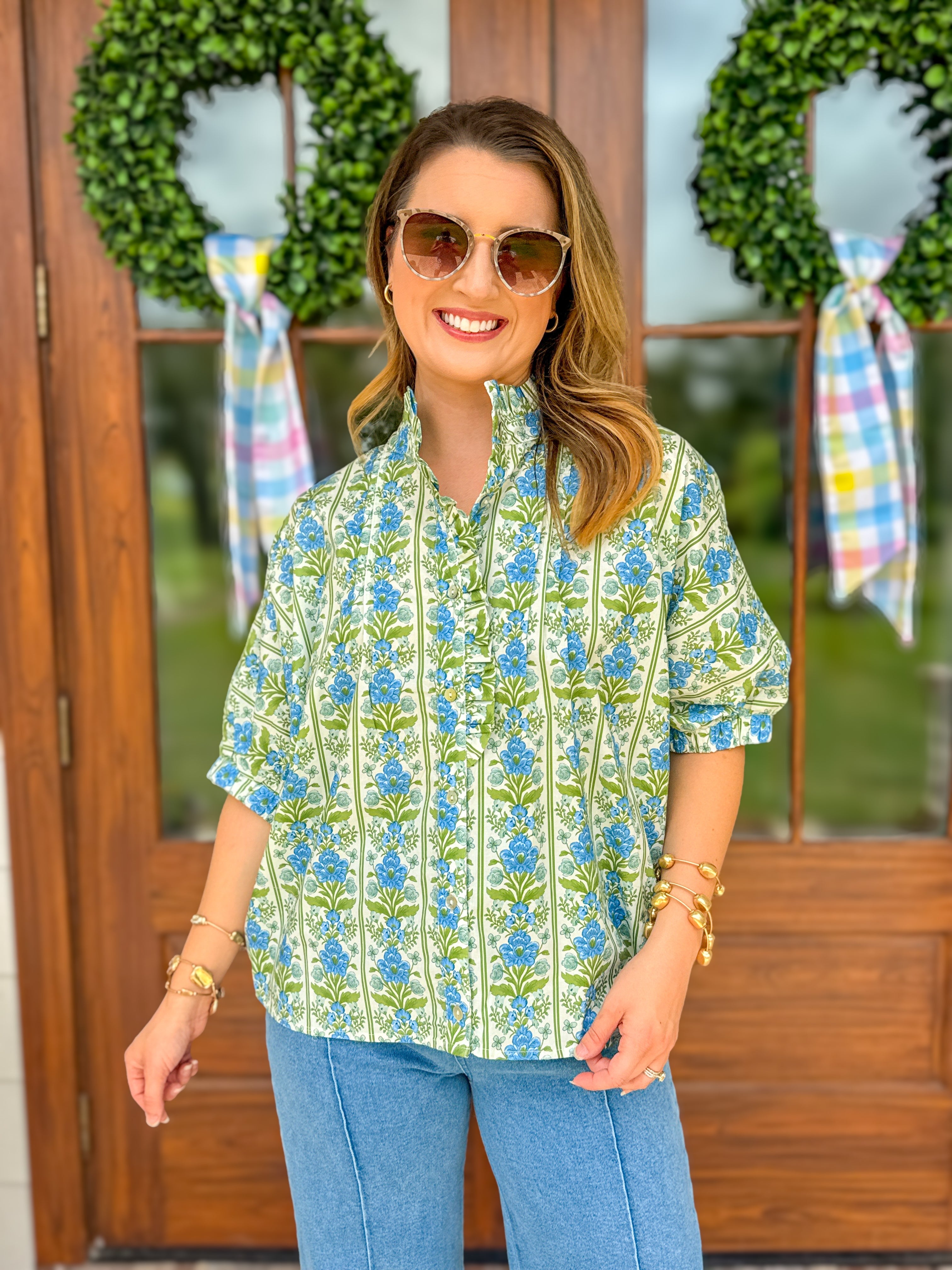 Blue Vintage Vine Ruffle Collar Blouse