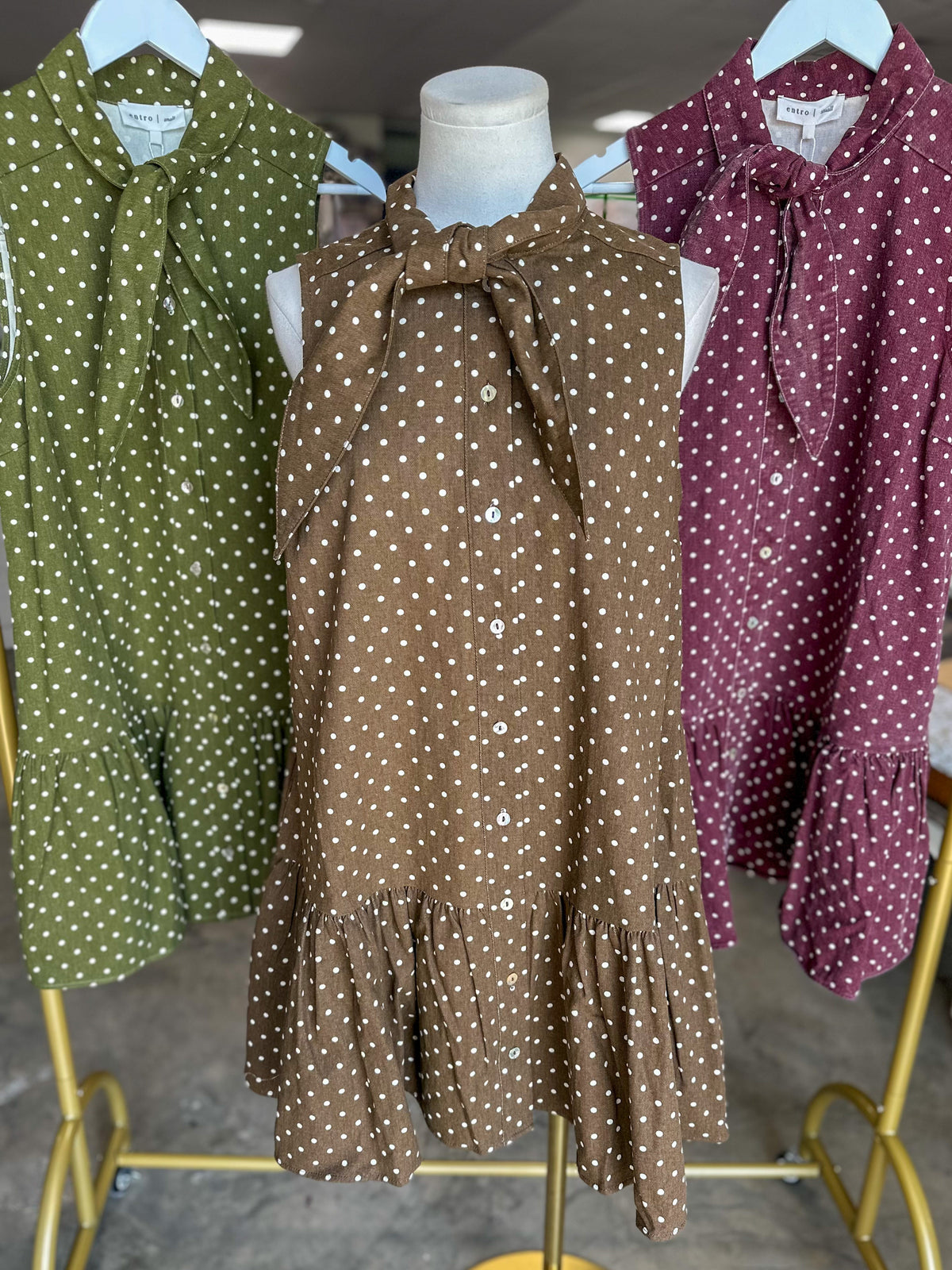Brown Polished Polka Dots Tie Neck Mini Dress