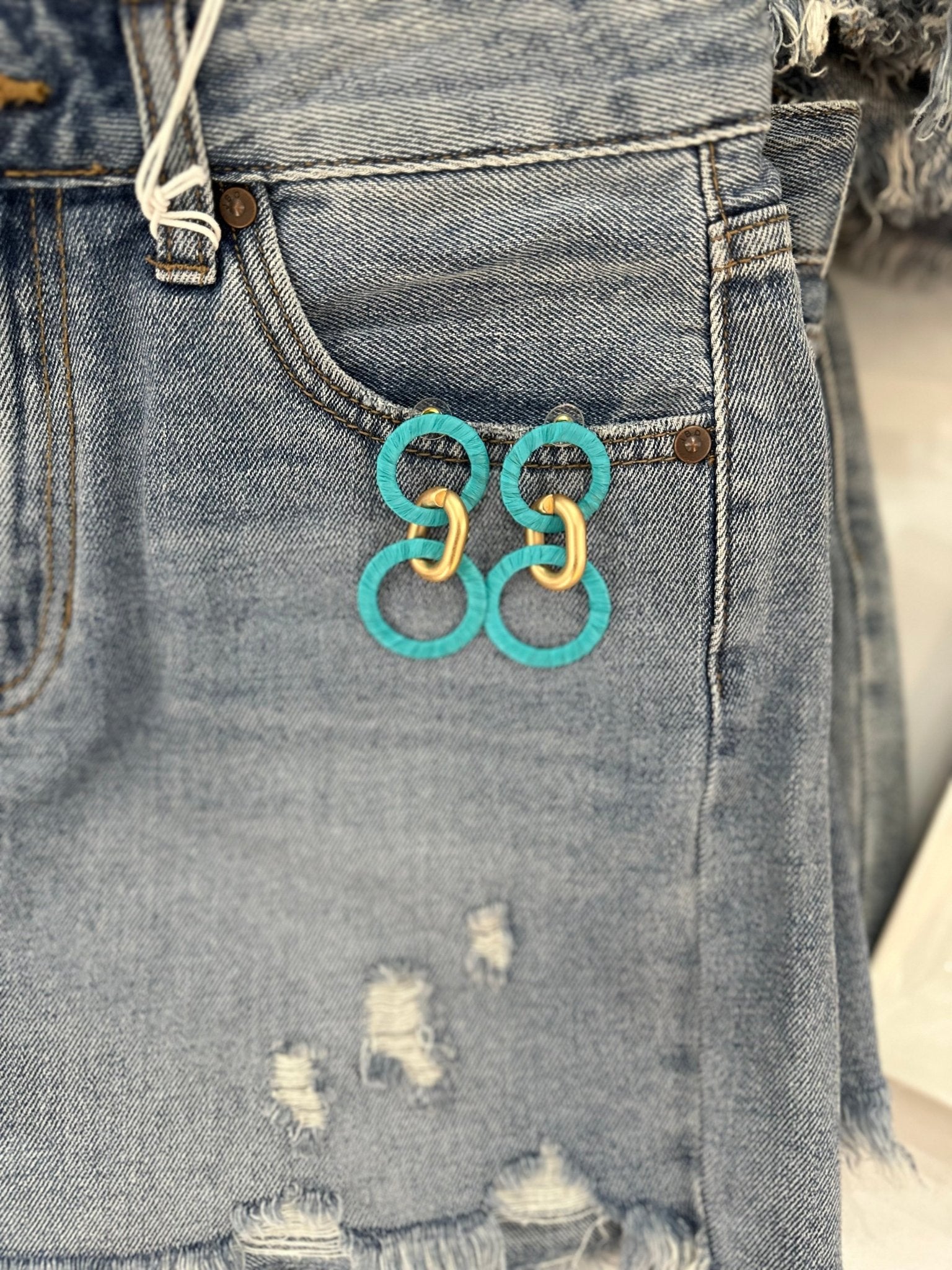 Aqua Raffia & Gold Circle Drop Earrings