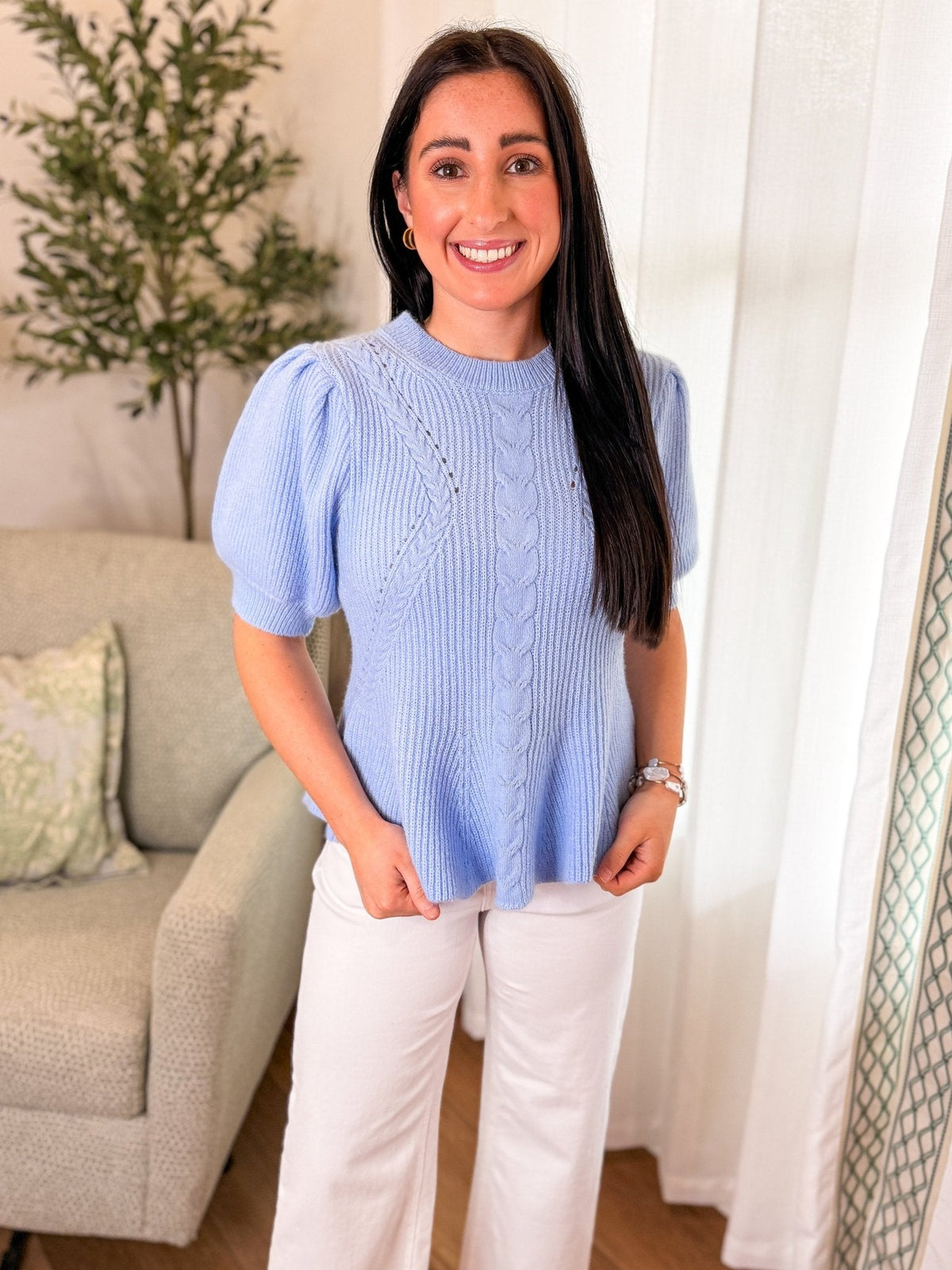 Baby Blue Flared Puff Sleeve Knit Top