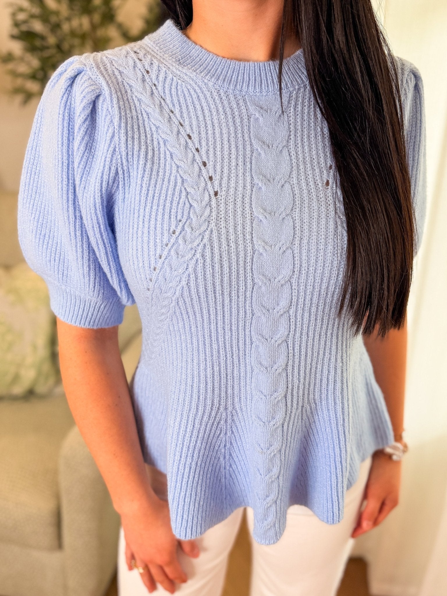 Baby Blue Flared Puff Sleeve Knit Top
