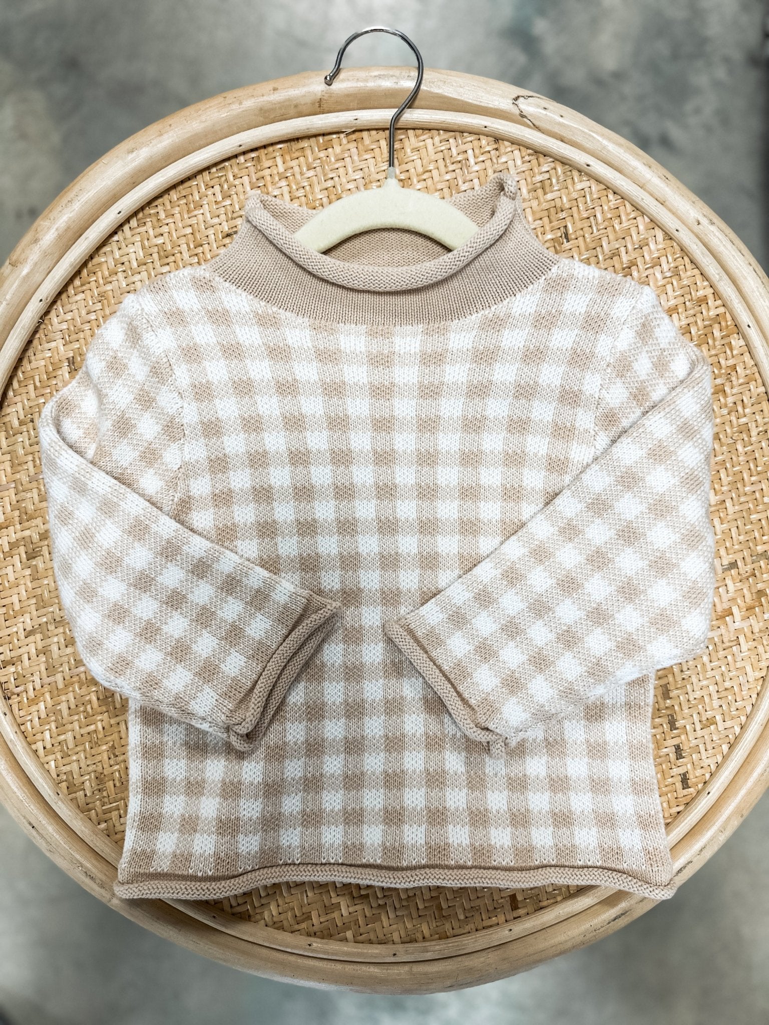 Beige Gingham Rolled Neck Sweater