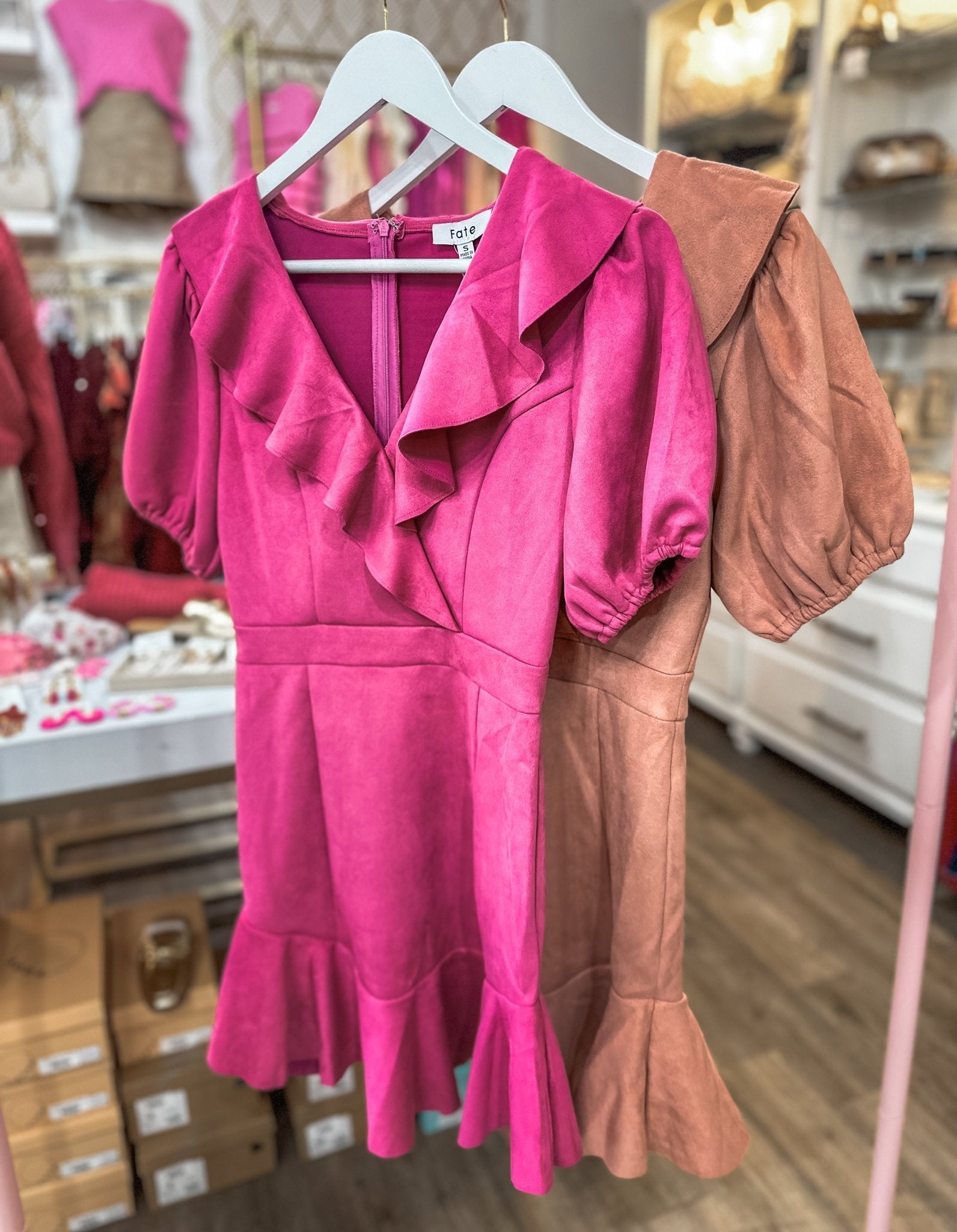 Berry Pink Suede Serenade Ruffle Mini Dress