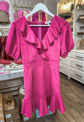 Berry Pink Suede Serenade Ruffle Mini Dress
