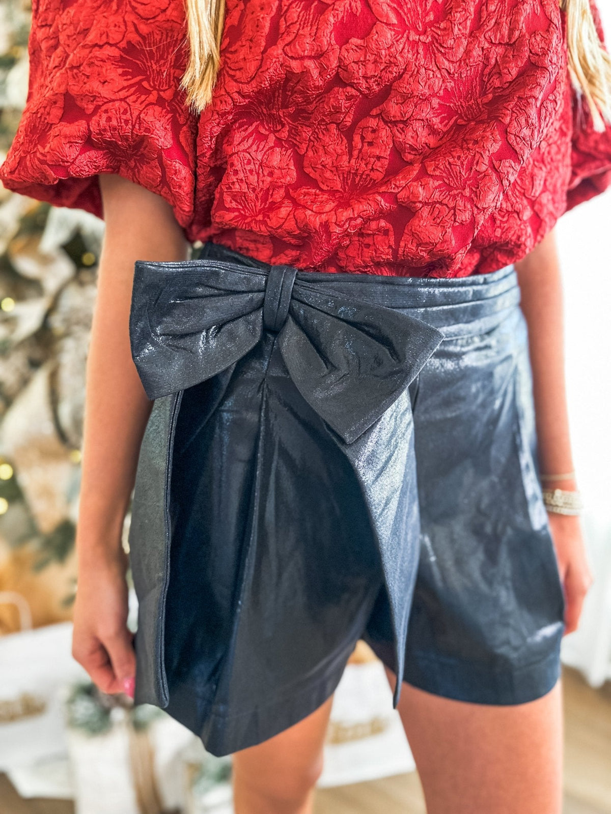 Black Tinsel & Treasures Ribbon Tie Metallic Shorts